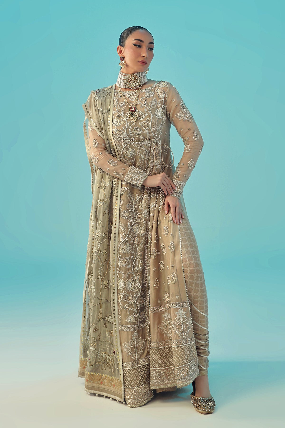Nude Embroidered Organza Silk Angrakha (3-Piece) - Image 2