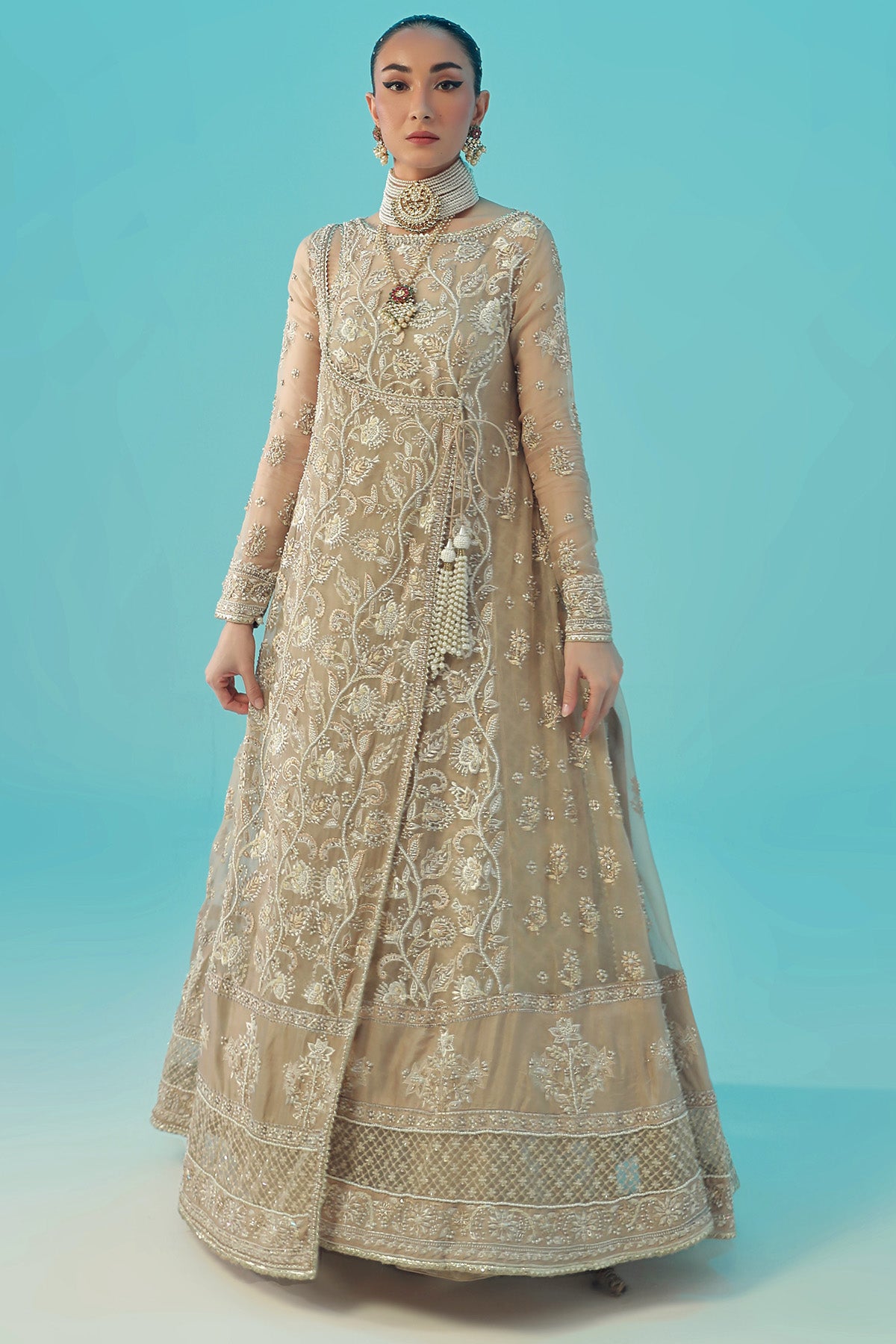 Nude Embroidered Organza Silk Angrakha (3-Piece) - Image 3