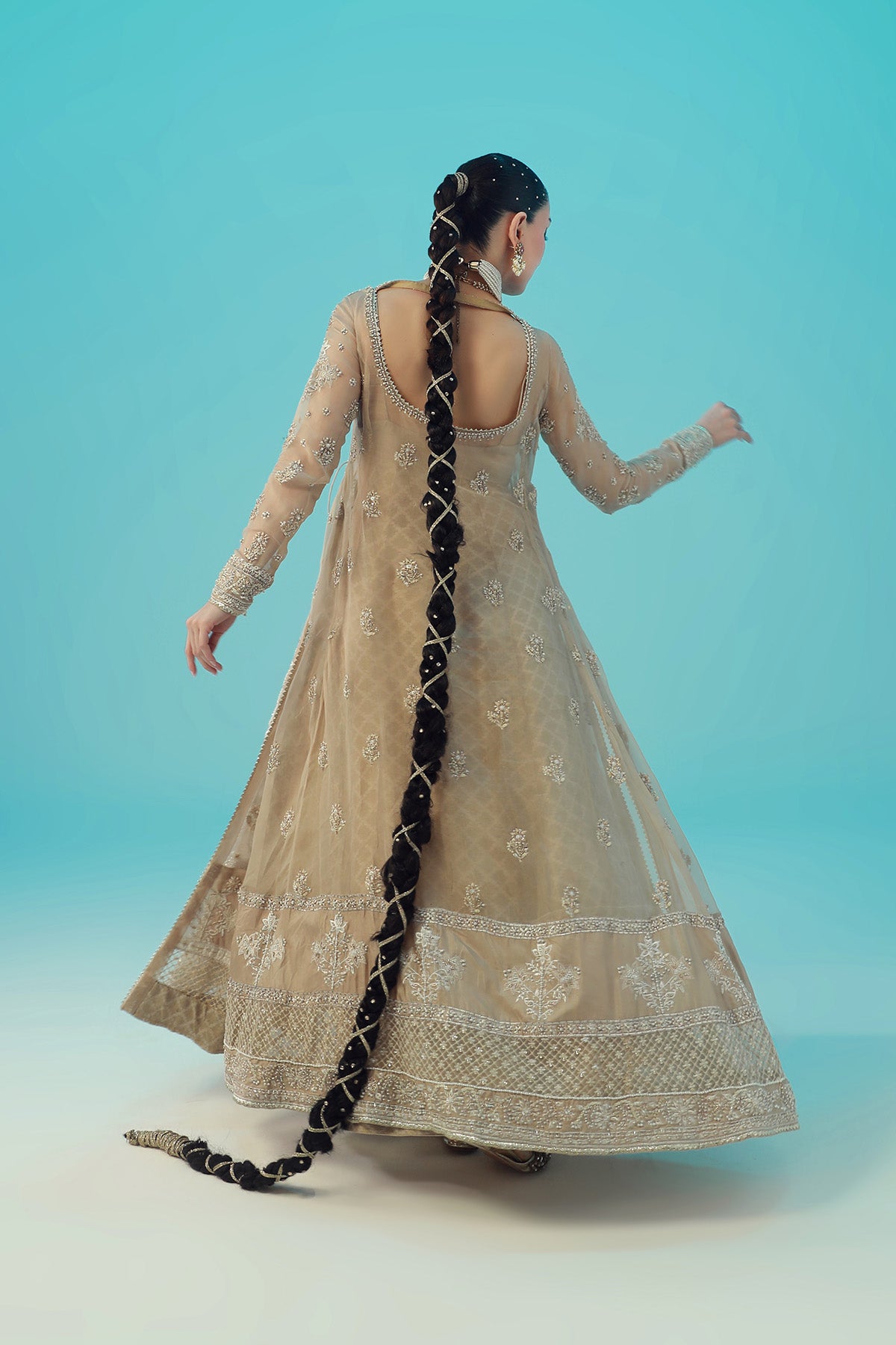 Nude Embroidered Organza Silk Angrakha (3-Piece) - Image 4