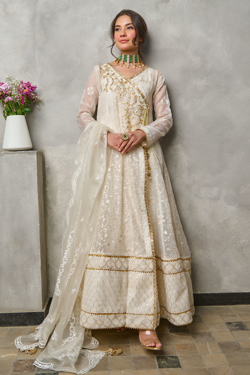 Ivory Embroidered Organza Angharka-Style Kalidaar (2-Piece) - Image 1