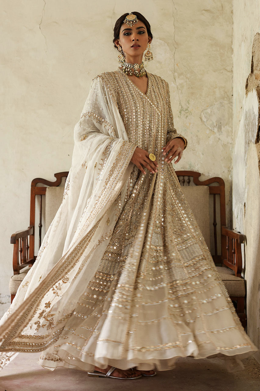 Indian Ivory Embroidered Organza Angarkha Dress (3-Piece) - Image 1