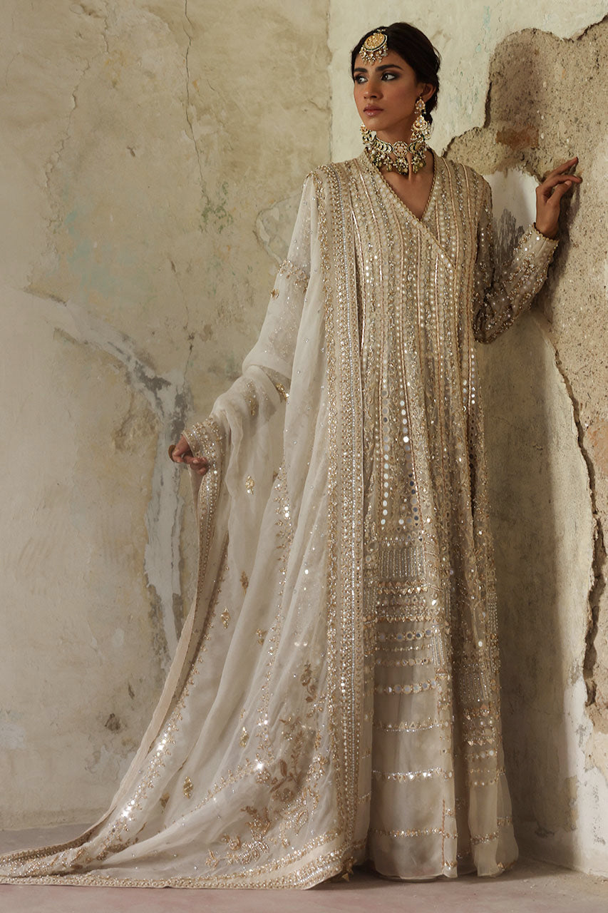 Indian Ivory Embroidered Organza Angarkha Dress (3-Piece) - Image 2