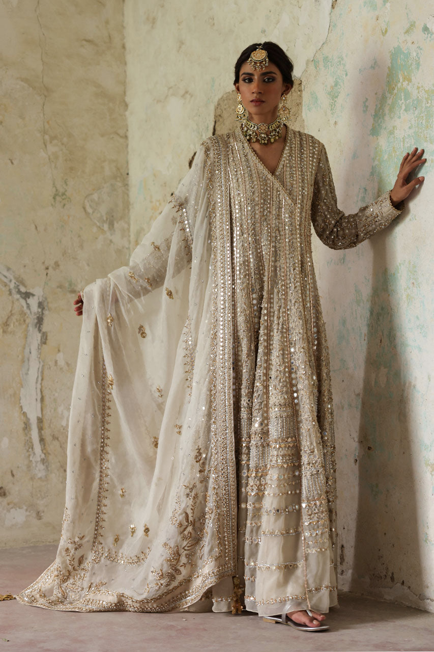 Indian Ivory Embroidered Organza Angarkha Dress (3-Piece) - Image 4