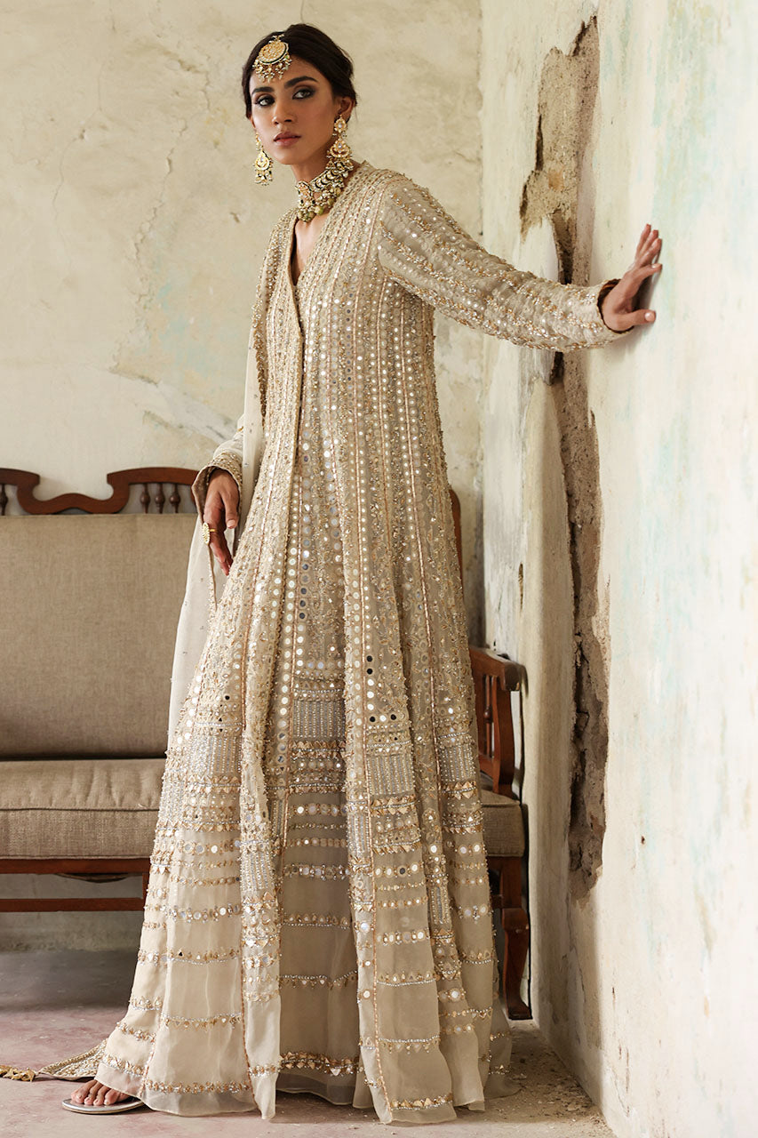 Indian Ivory Embroidered Organza Angarkha Dress (3-Piece) - Image 5