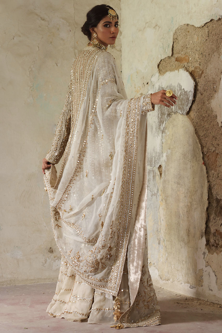 Indian Ivory Embroidered Organza Angarkha Dress (3-Piece) - Image 6