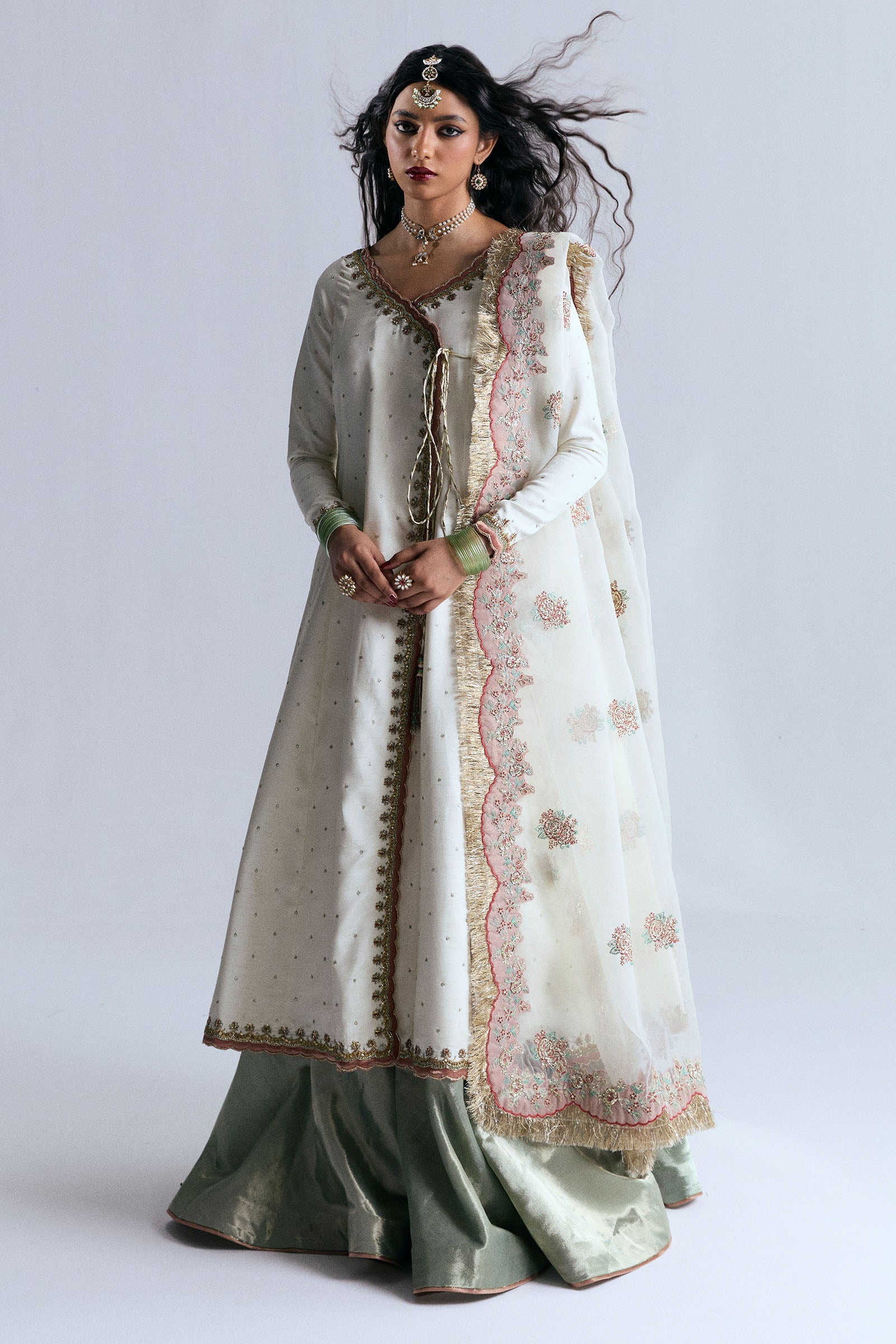 Pakistani Ivory Embroidered Korean Raw Silk Angrakha (3-Piece) - Image 1