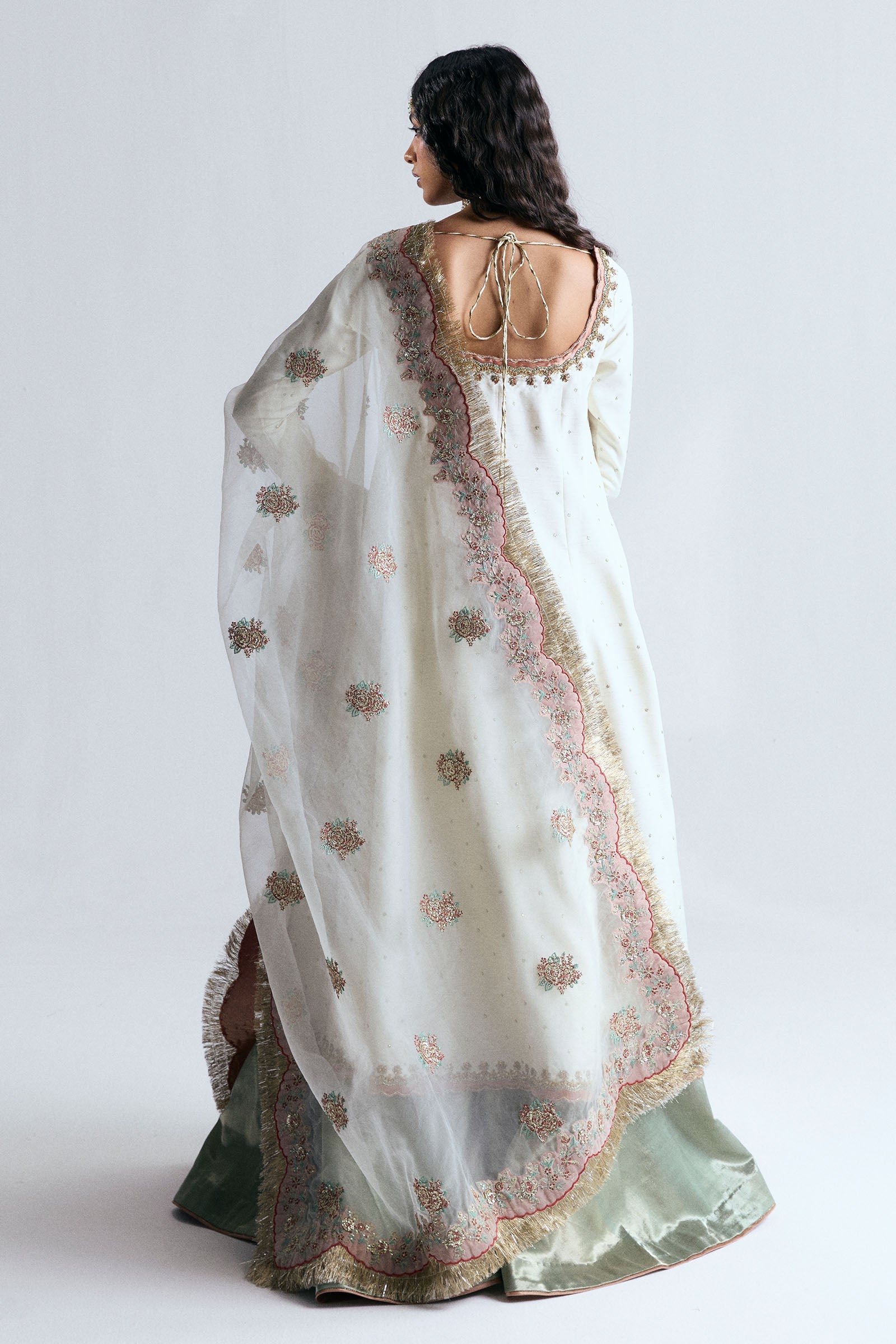Pakistani Ivory Embroidered Korean Raw Silk Angrakha (3-Piece) - Image 2