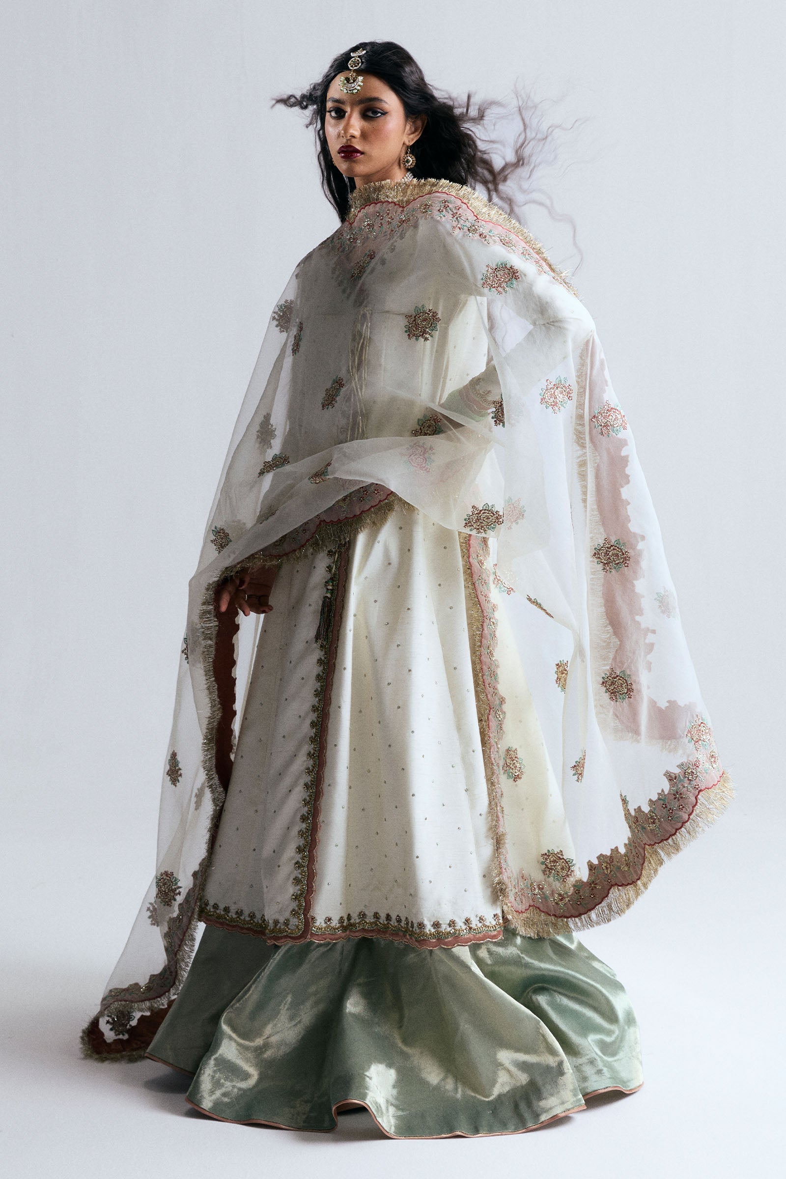 Pakistani Ivory Embroidered Korean Raw Silk Angrakha (3-Piece) - Image 3