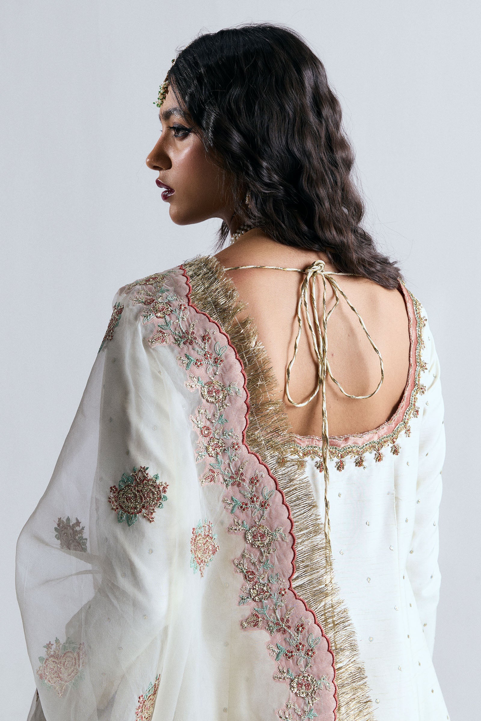Pakistani Ivory Embroidered Korean Raw Silk Angrakha (3-Piece) - Image 5