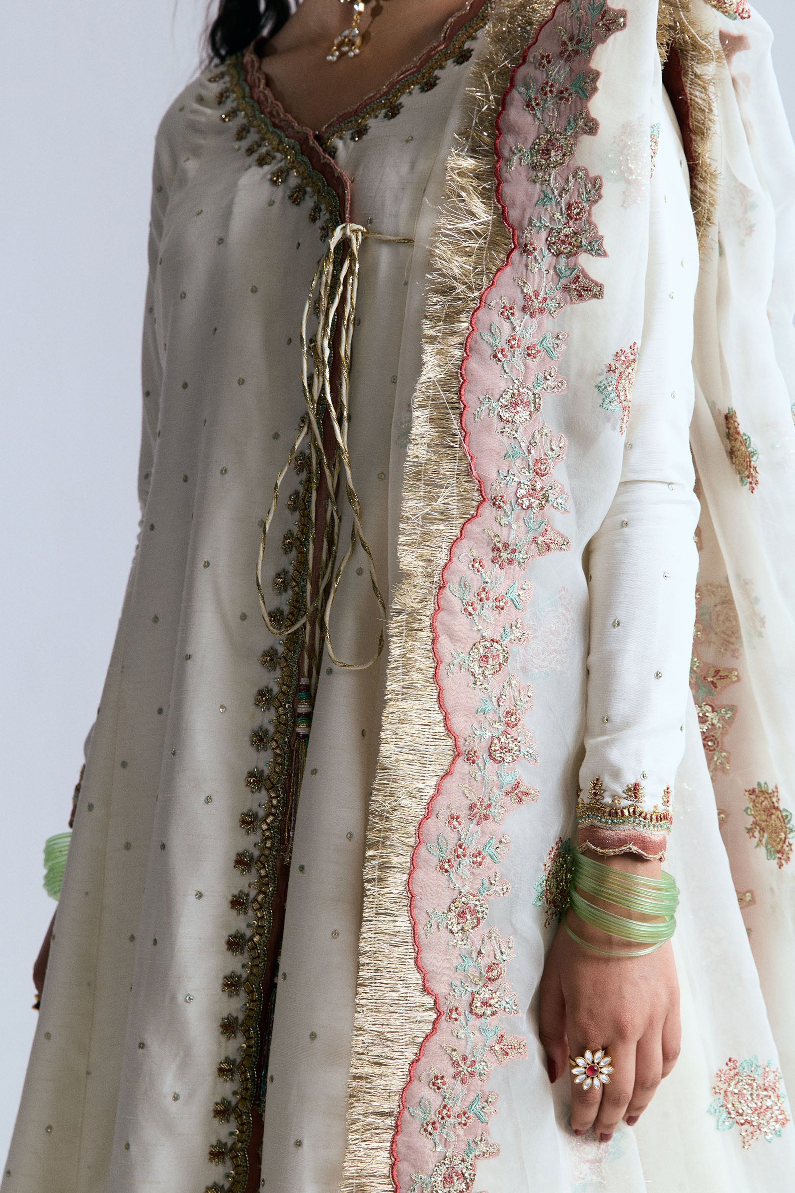 Pakistani Ivory Embroidered Korean Raw Silk Angrakha (3-Piece) - Image 6