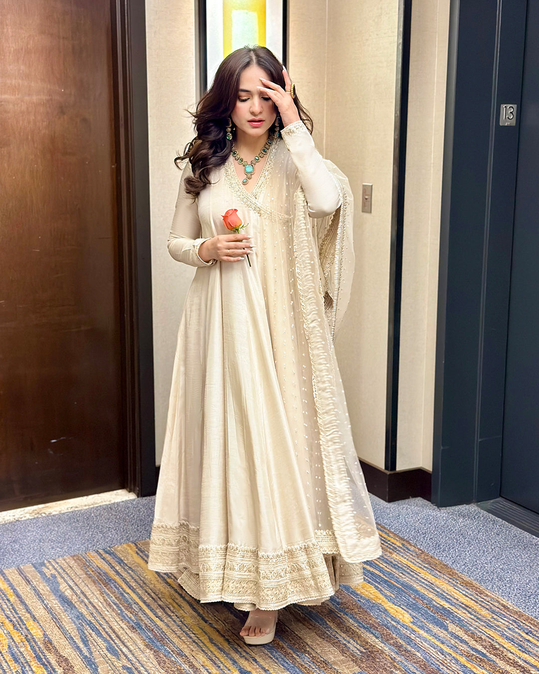 Pakistani Off-White Embroidered Korean Raw Silk Angrakha (3-Piece) - Image 1