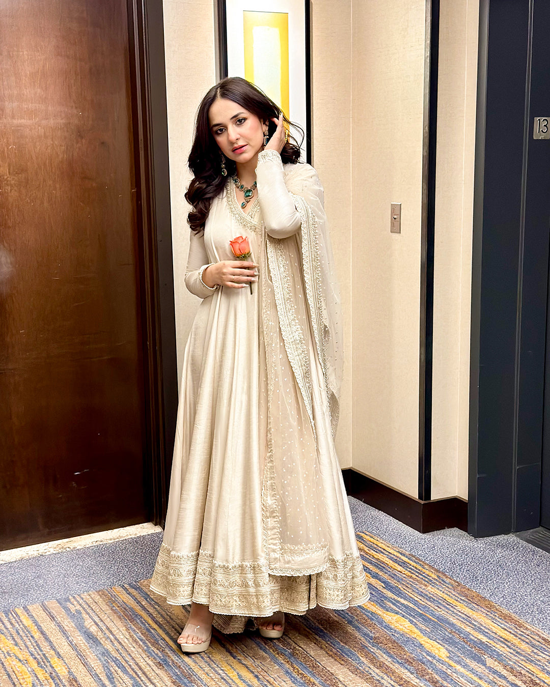 Pakistani Off-White Embroidered Korean Raw Silk Angrakha (3-Piece) - Image 2