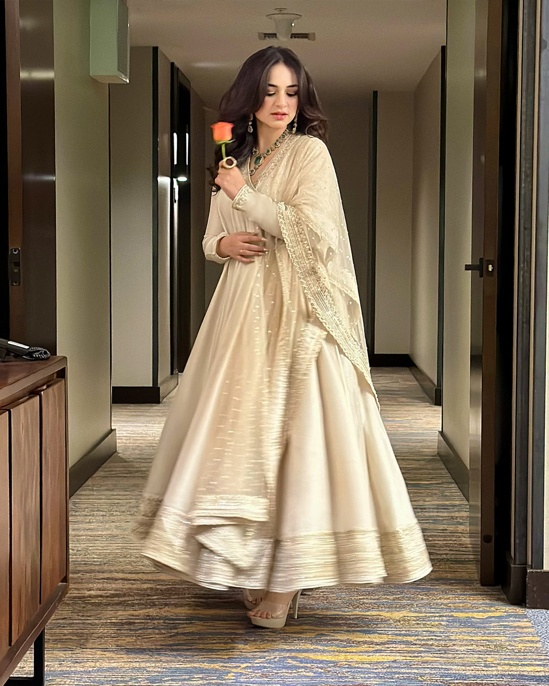 Pakistani Off-White Embroidered Korean Raw Silk Angrakha (3-Piece) - Image 3