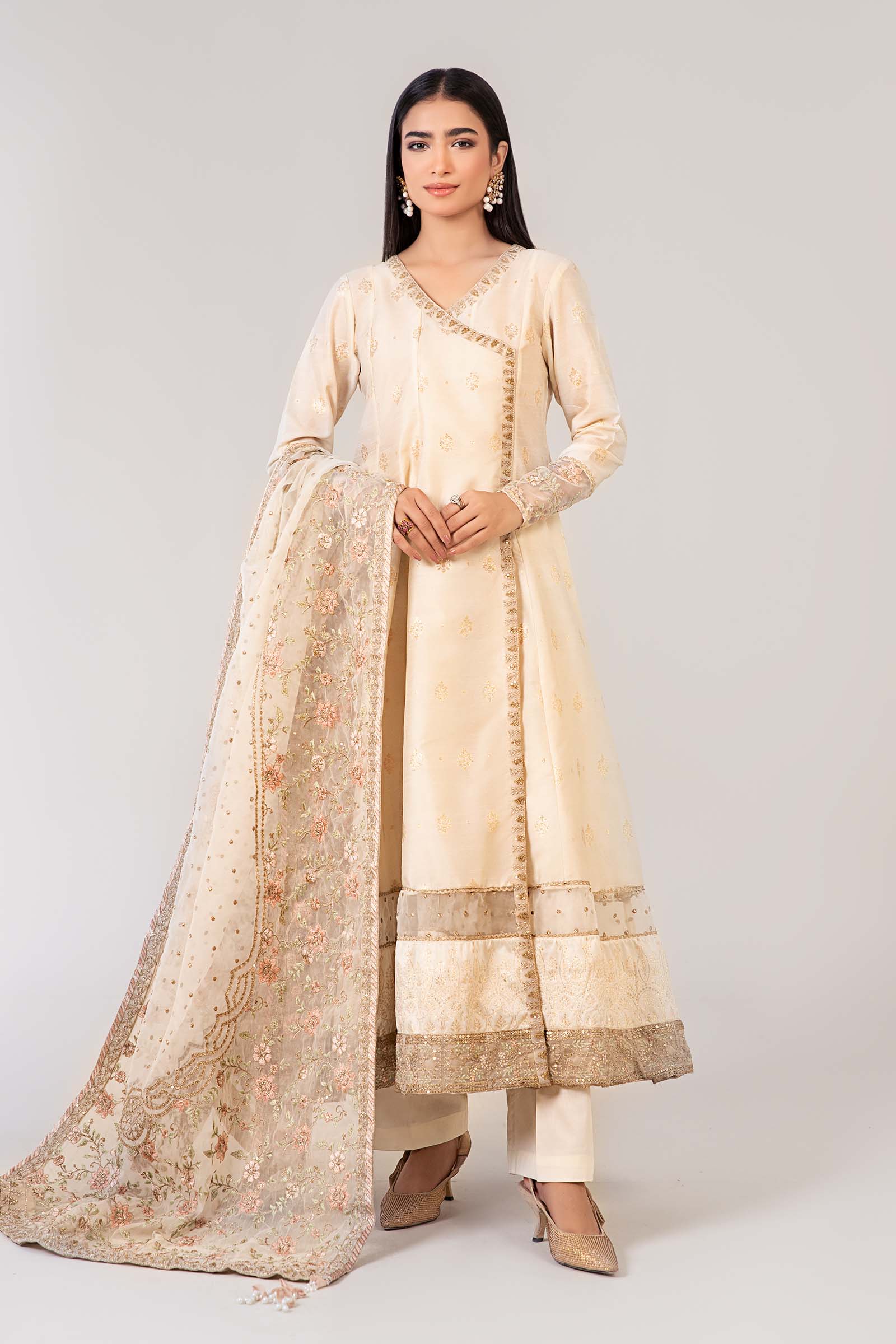 Off-White Embroidered Rawsilk Angrakha Frock (3-Piece) - Image 1