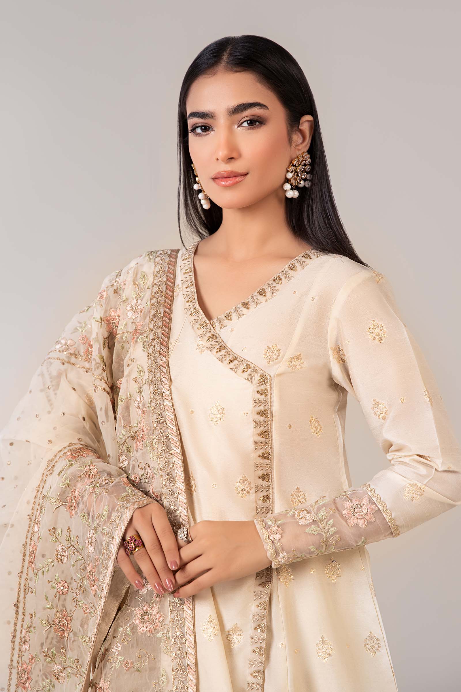 Off-White Embroidered Rawsilk Angrakha Frock (3-Piece) - Image 2