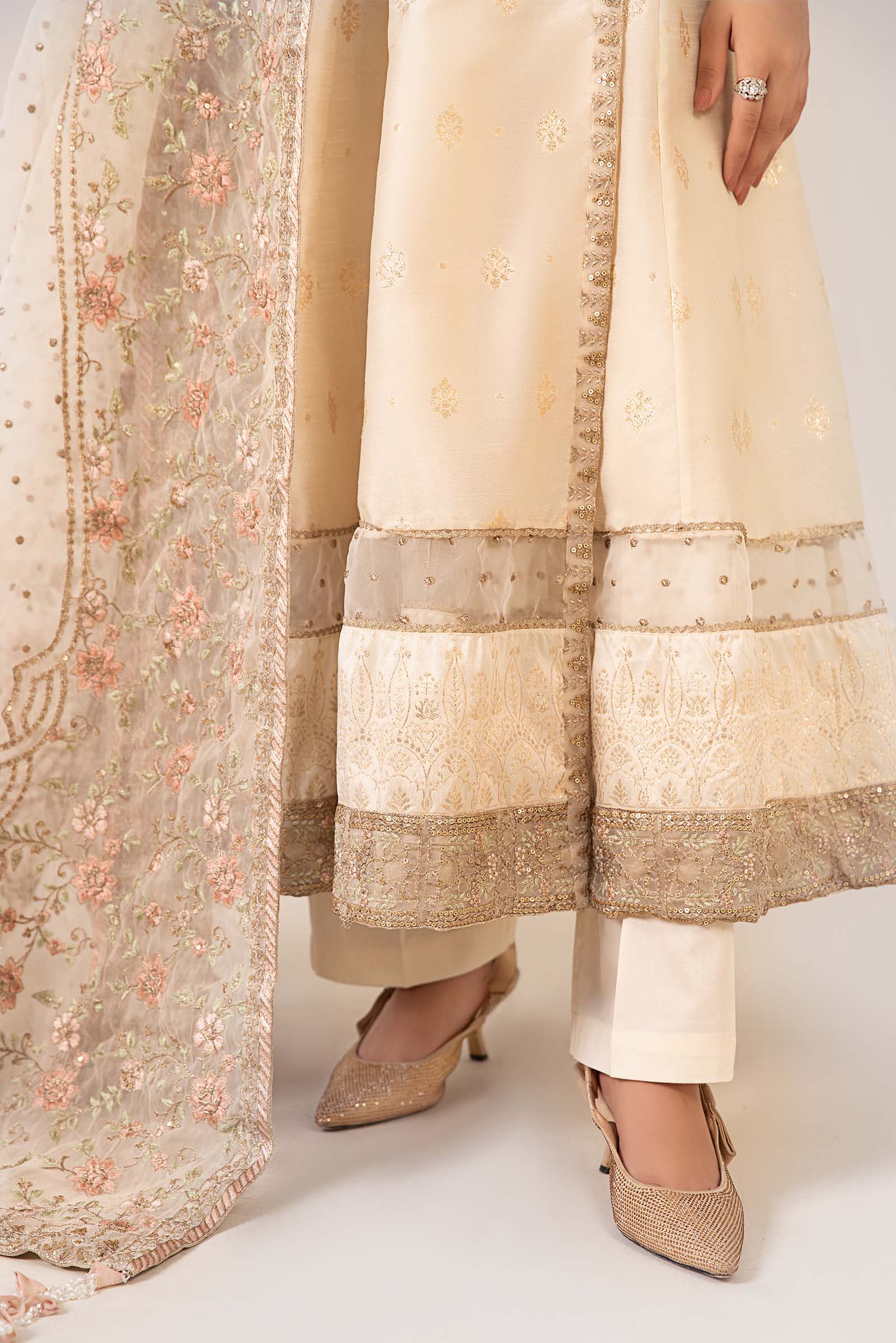 Off-White Embroidered Rawsilk Angrakha Frock (3-Piece) - Image 3