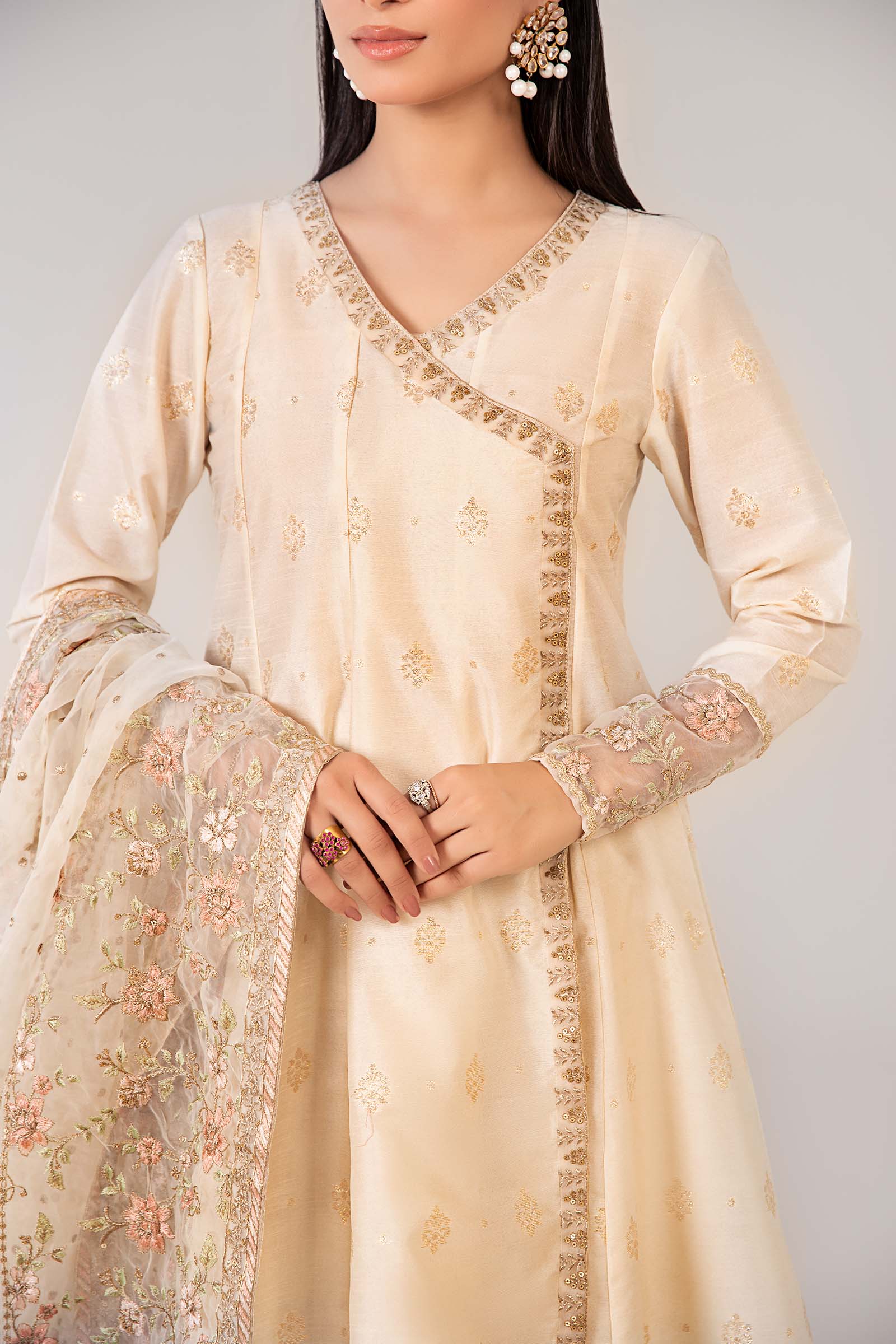 Off-White Embroidered Rawsilk Angrakha Frock (3-Piece) - Image 4