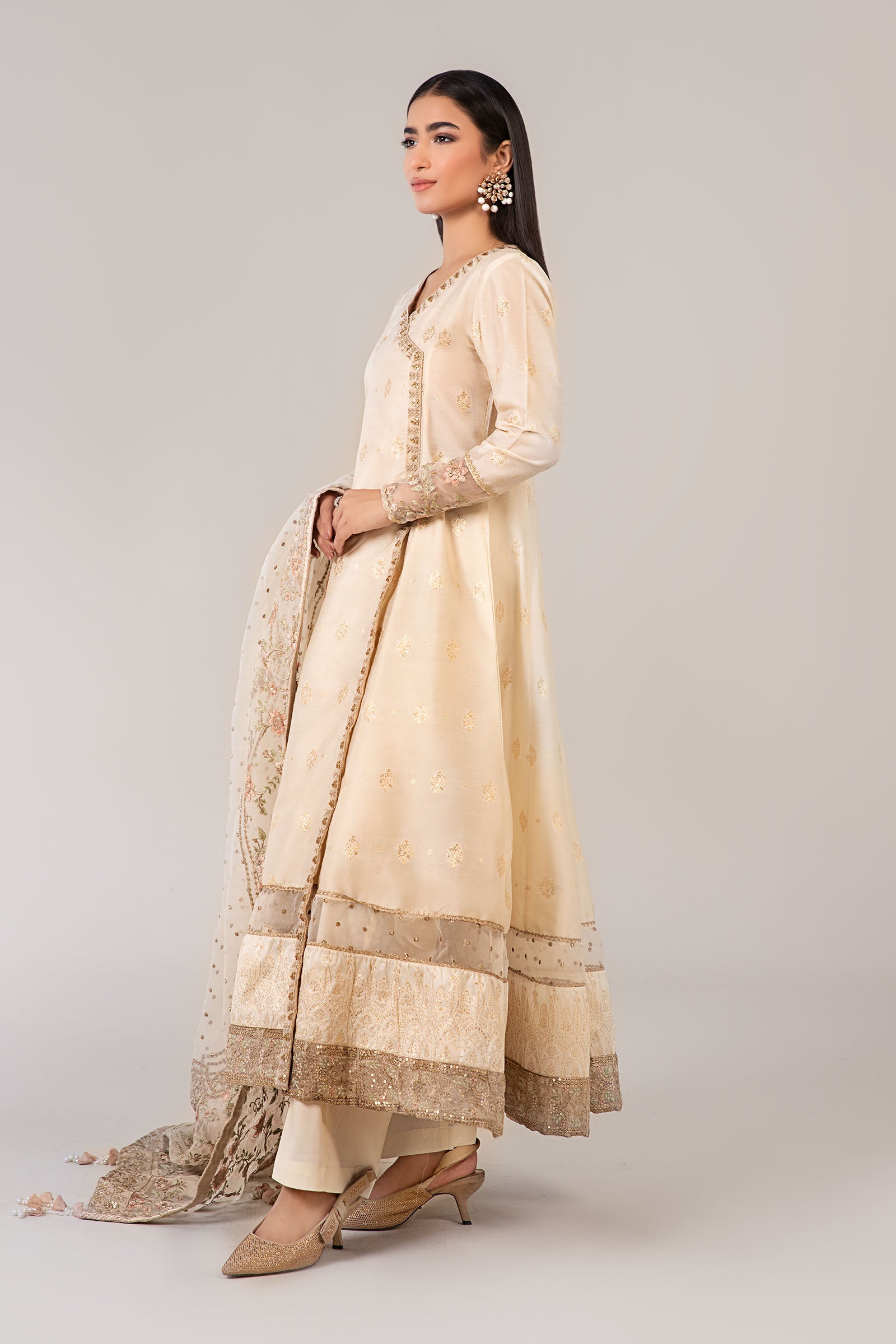 Off-White Embroidered Rawsilk Angrakha Frock (3-Piece) - Image 6