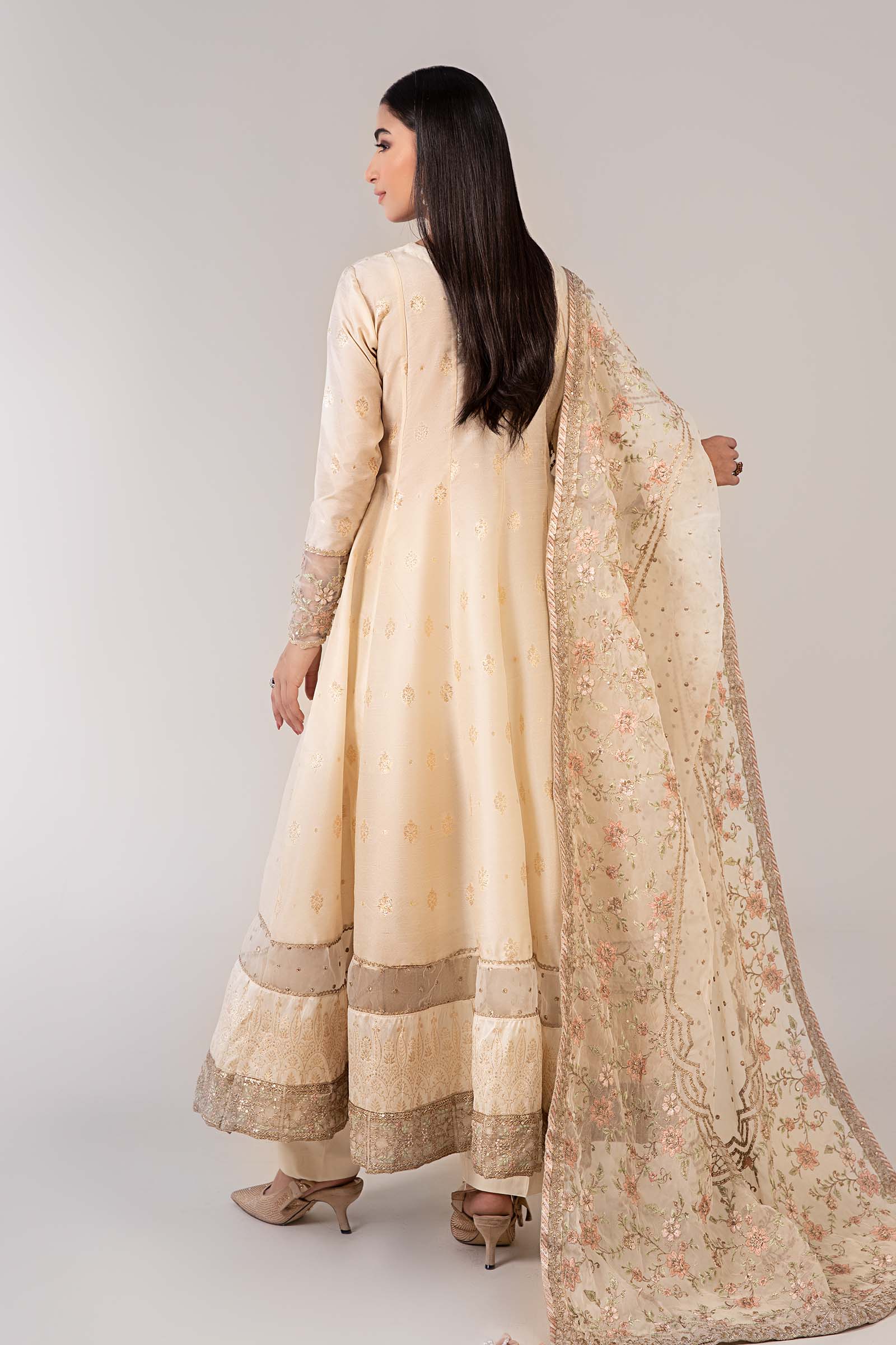 Off-White Embroidered Rawsilk Angrakha Frock (3-Piece) - Image 7