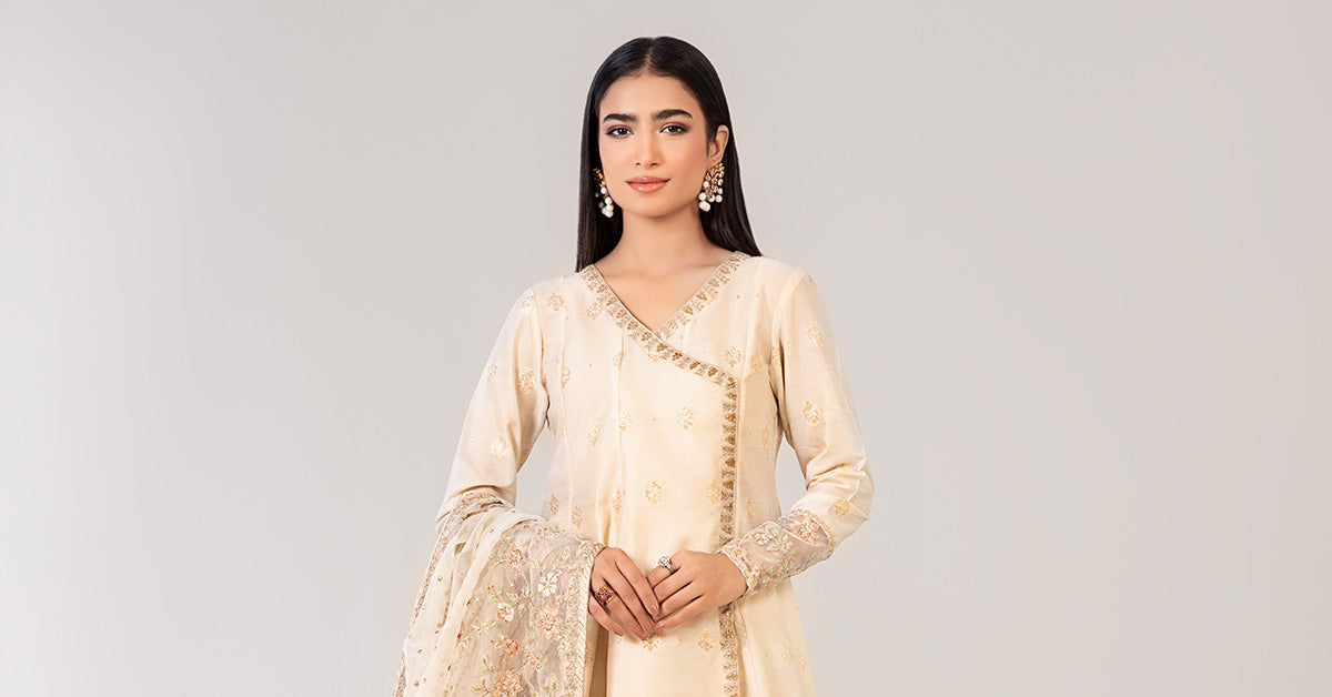 Off-White Embroidered Rawsilk Angrakha Frock (3-Piece) - Image 8