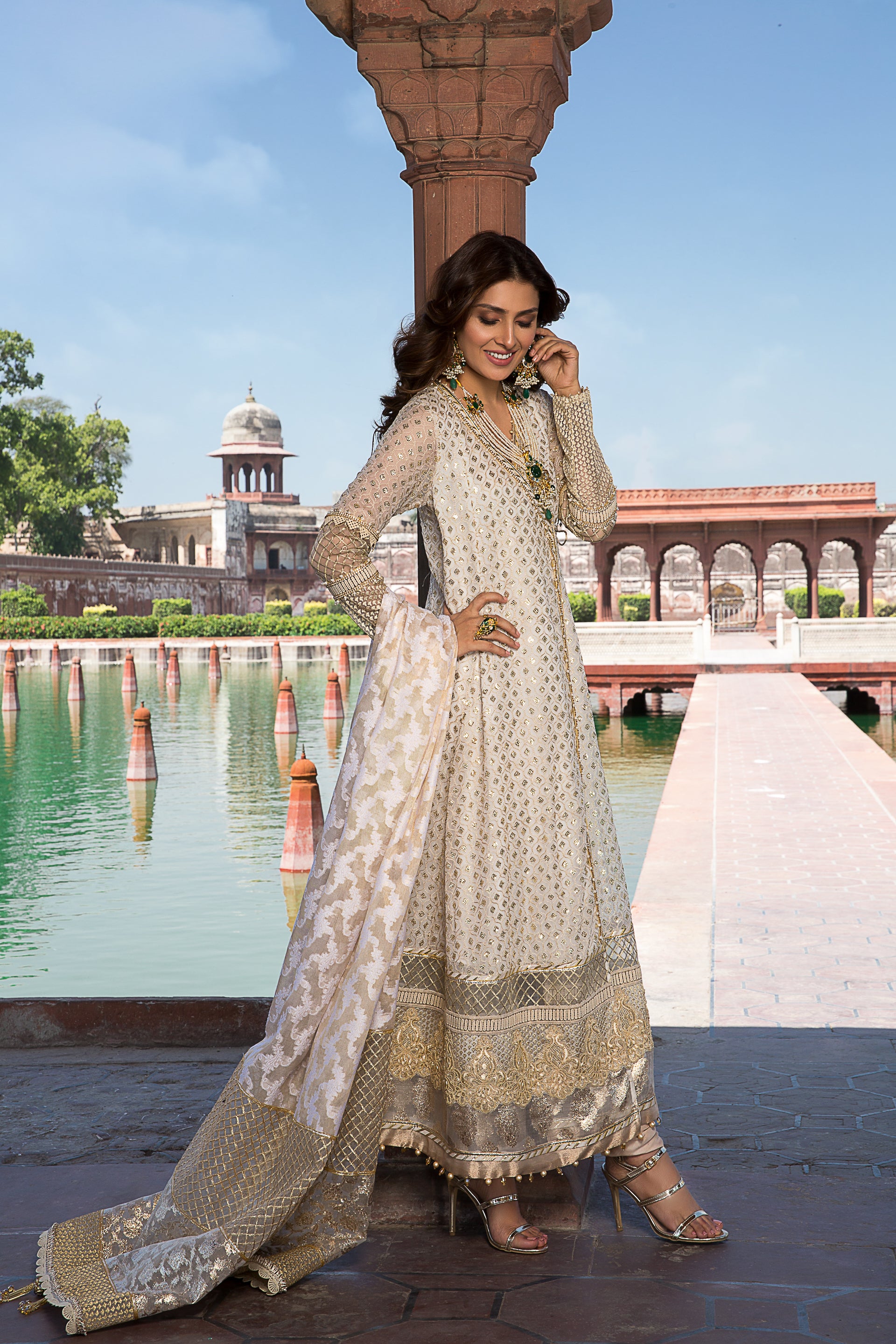 Pakistani Off-White Sequin Chiffon Angrakha Dress (3-Piece) - Image 1