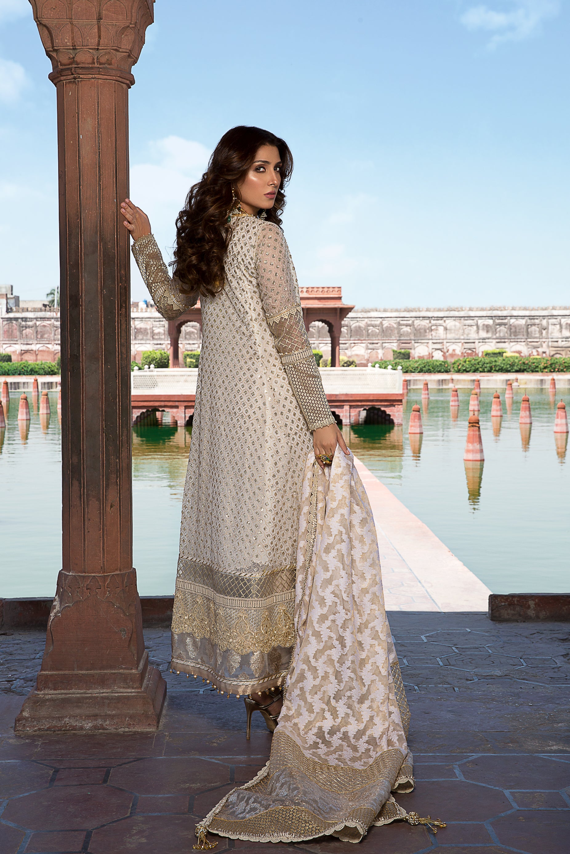 Pakistani Off-White Sequin Chiffon Angrakha Dress (3-Piece) - Image 2