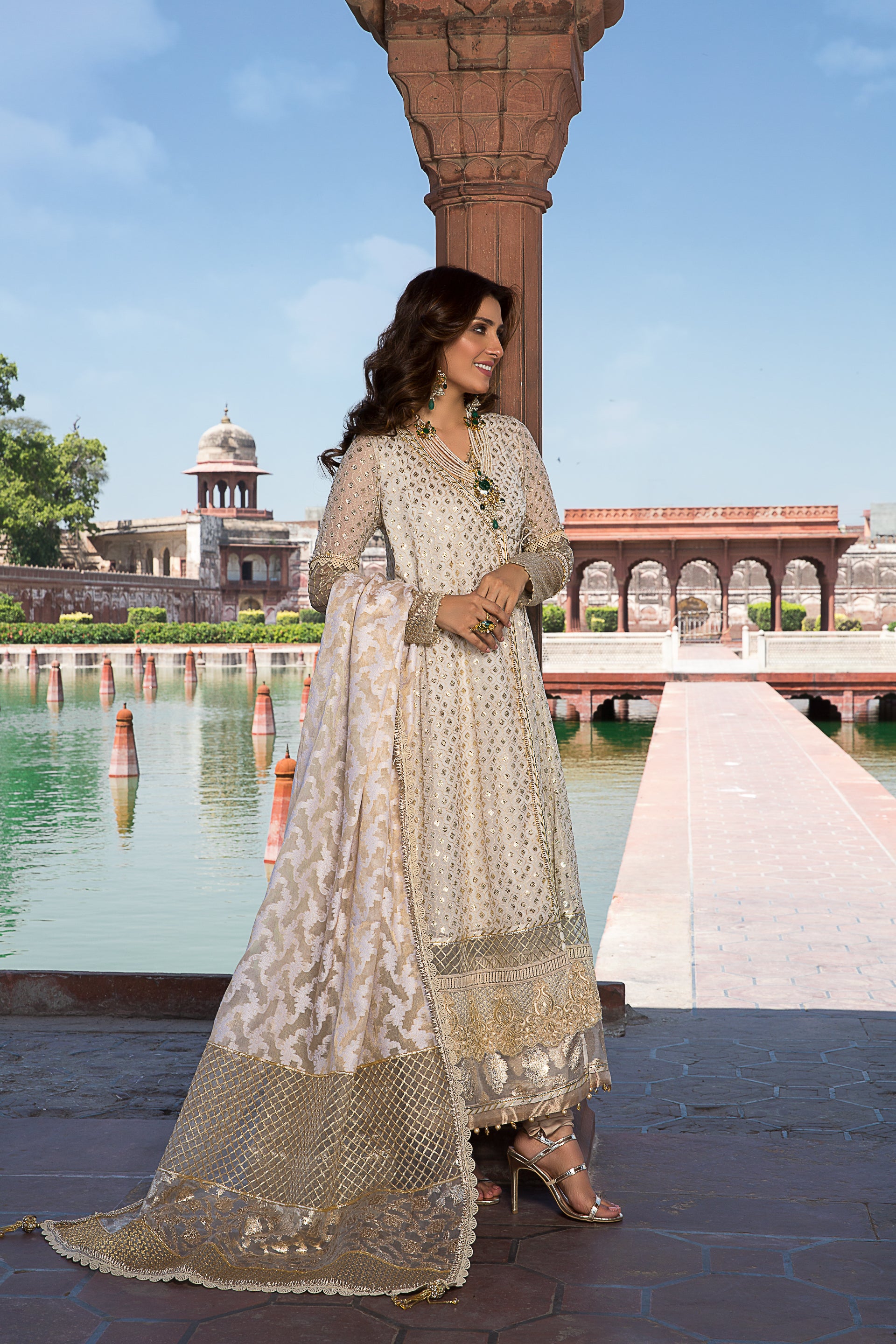 Pakistani Off-White Sequin Chiffon Angrakha Dress (3-Piece) - Image 3