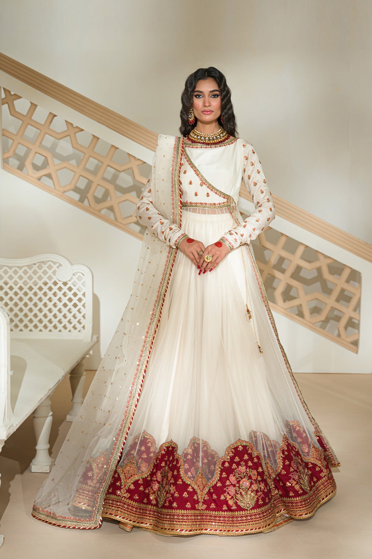 Pearl Ivory & Cherry Red Silk-Net Angrakha (2-Piece) - Image 1