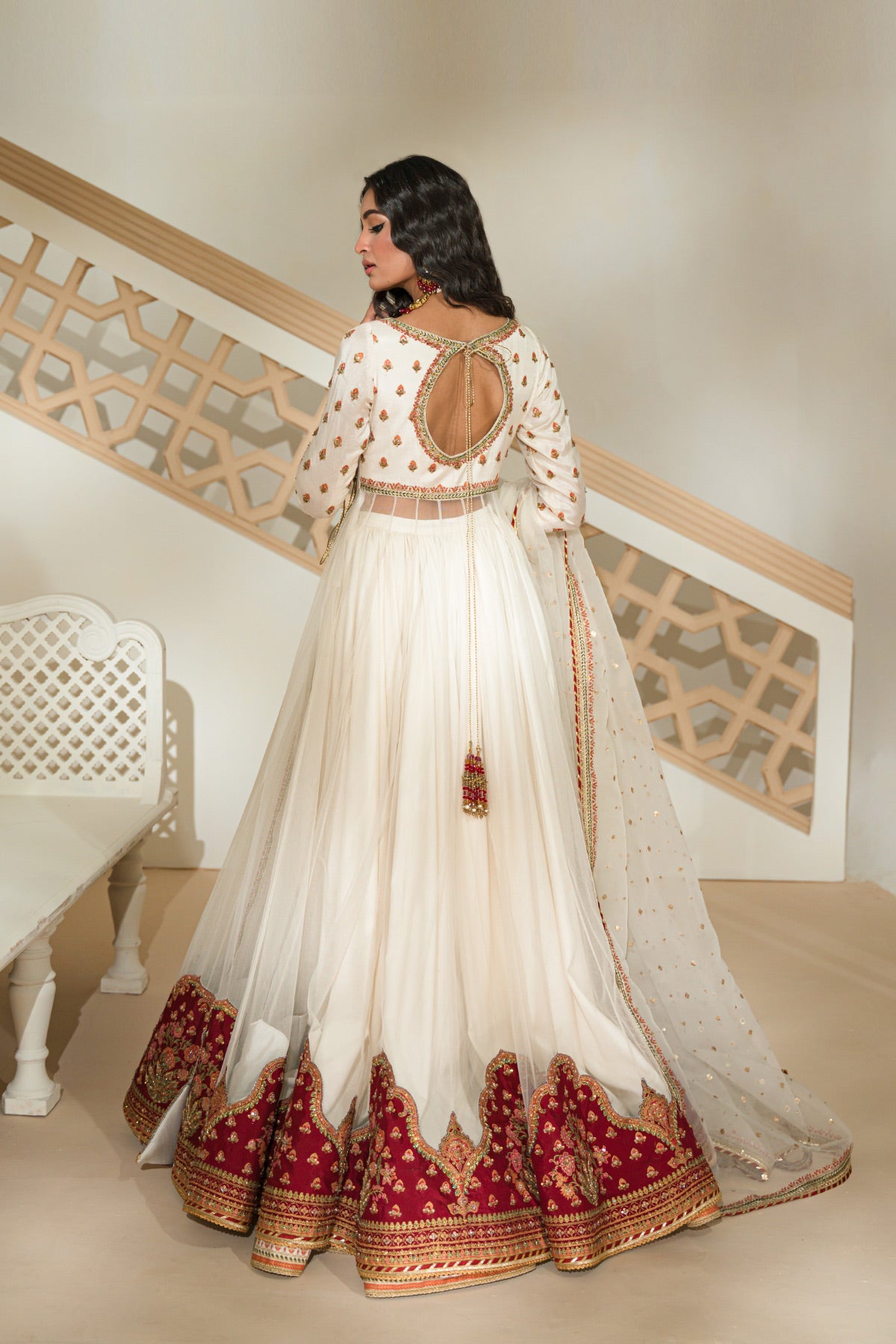 Pearl Ivory & Cherry Red Silk-Net Angrakha (2-Piece) - Image 3