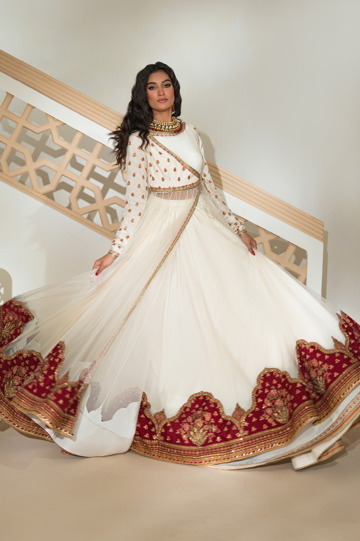 Pearl Ivory & Cherry Red Silk-Net Angrakha (2-Piece) - Image 4