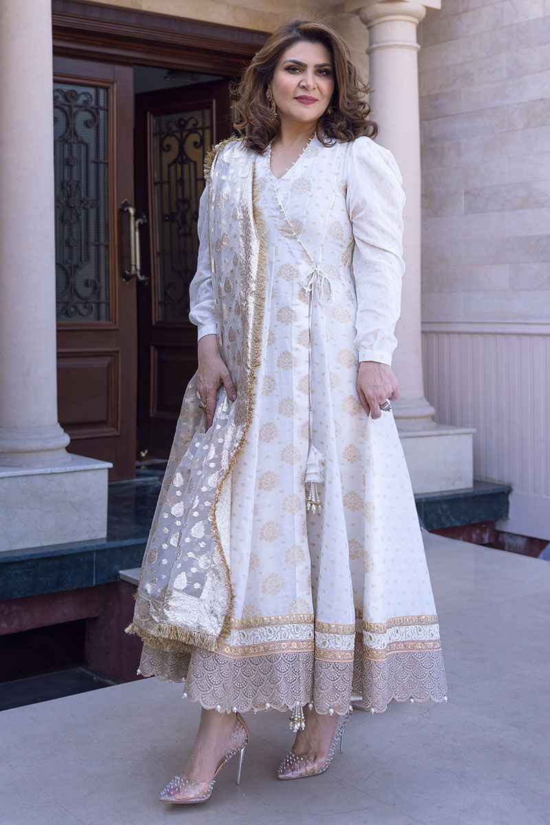 Pakistani Off-White Zari Cotton Net Angrakha (2-Piece) - Image 1