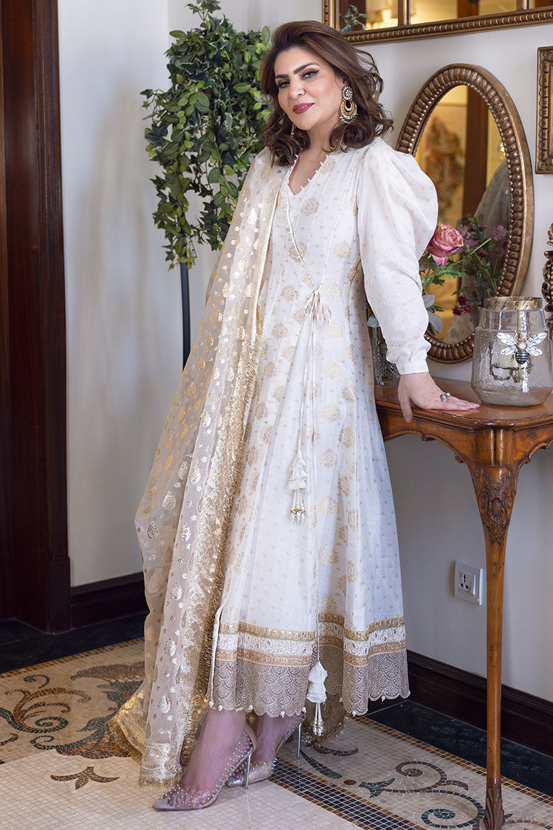 Pakistani Off-White Zari Cotton Net Angrakha (2-Piece) - Image 2