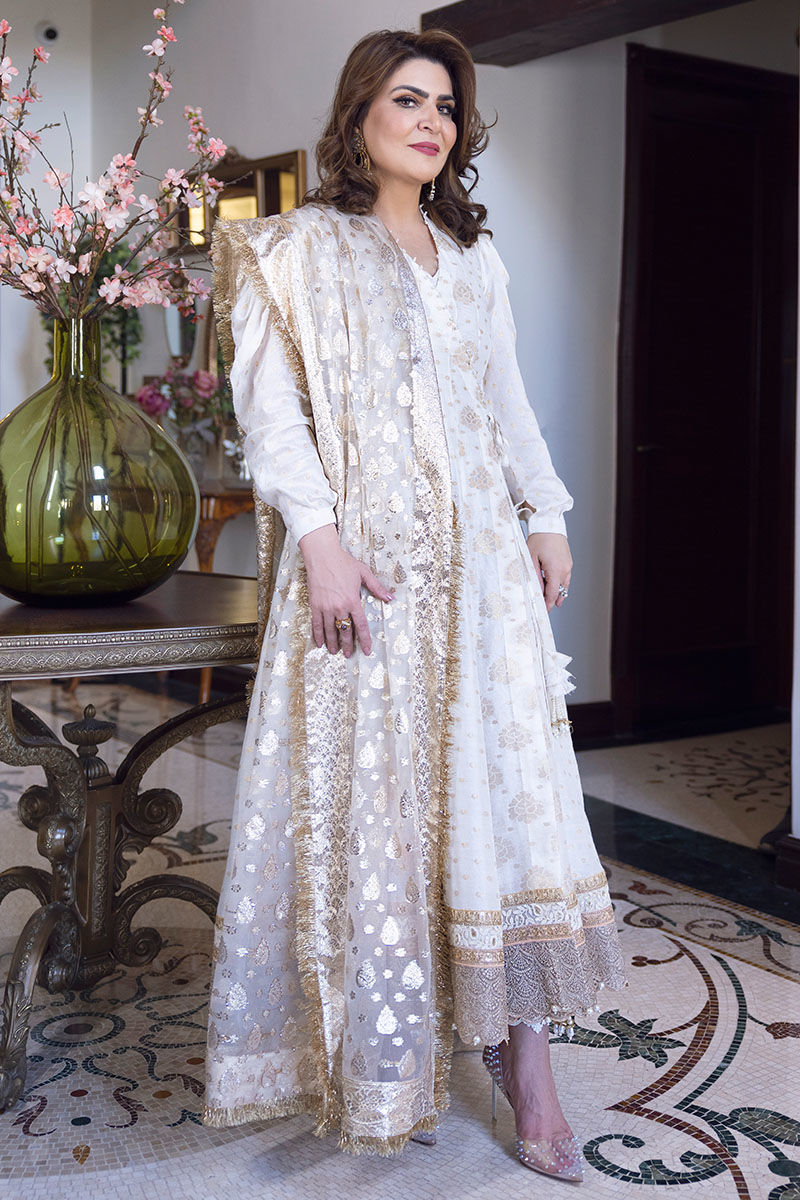 Pakistani Off-White Zari Cotton Net Angrakha (2-Piece) - Image 3