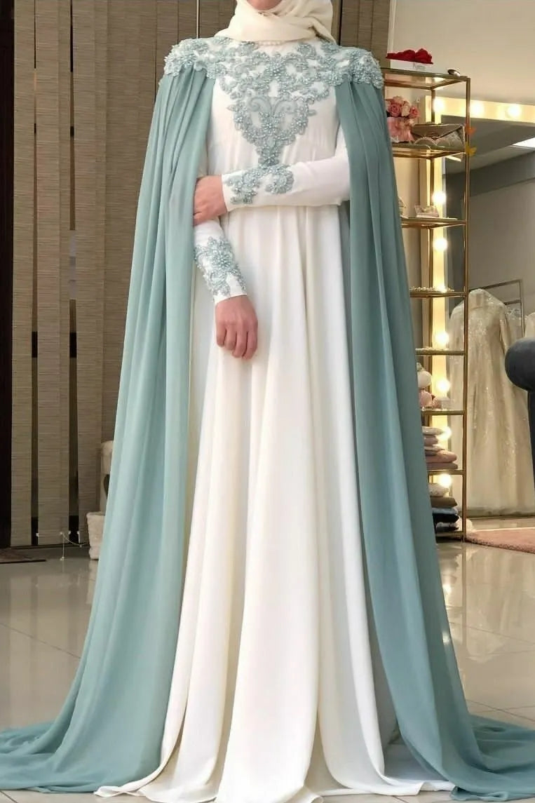 Ivory Aqua Beaded Chiffon Cape Wedding Gown (1-Pc) - Image 1