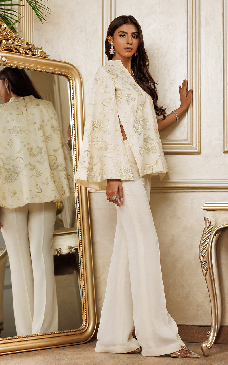 Pakistani Ivory Embroidered Chanderi Cape Dress (2-Piece) - Image 4