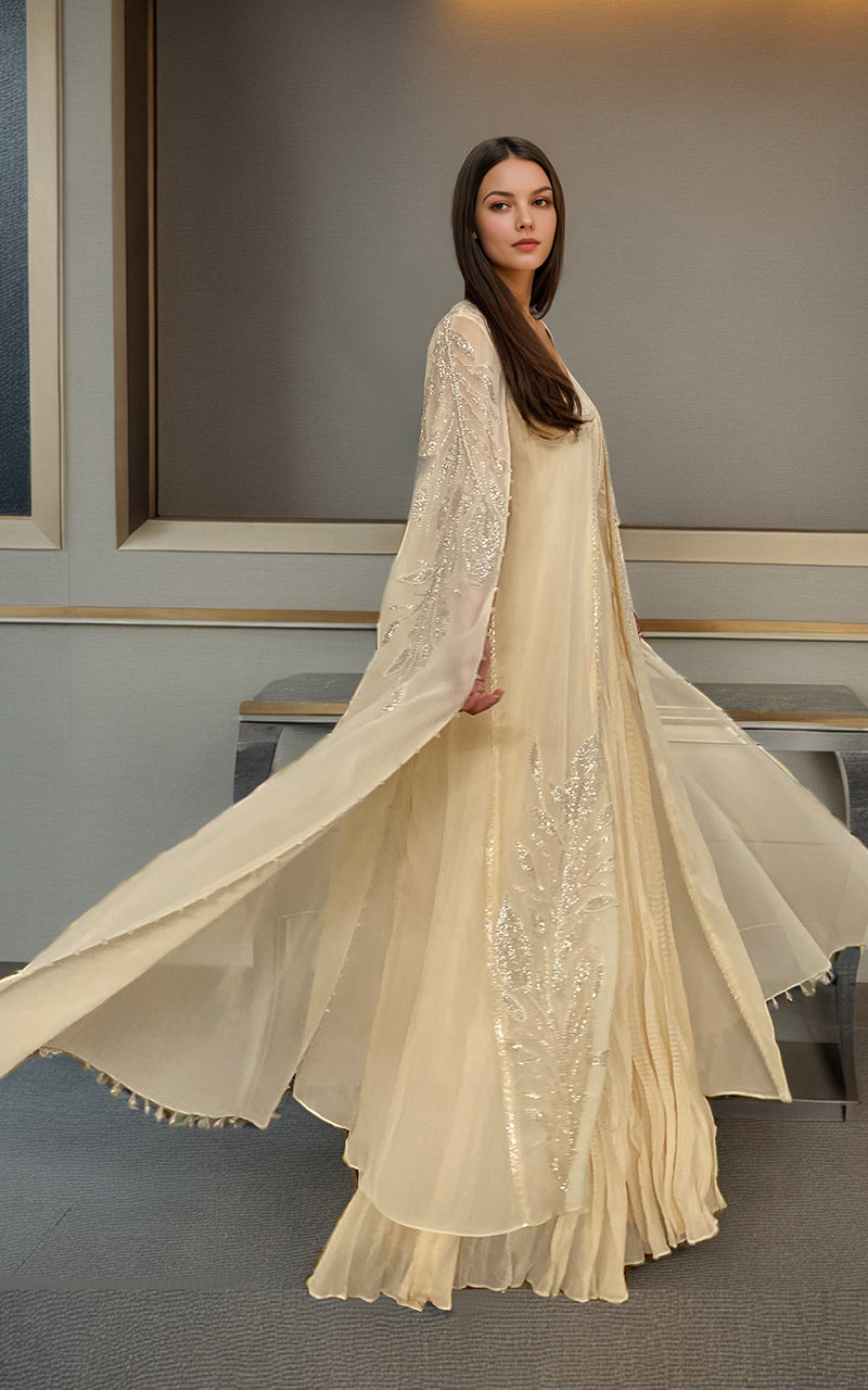 Ivory Embroidered Chiffon Cape Dress (2-Piece) - Image 1