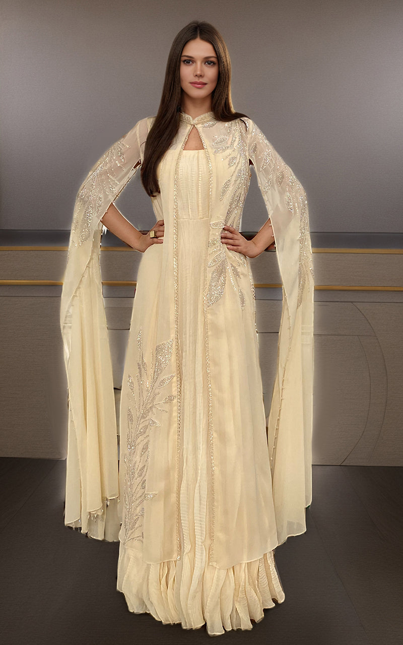 Ivory Embroidered Chiffon Cape Dress (2-Piece) - Image 2