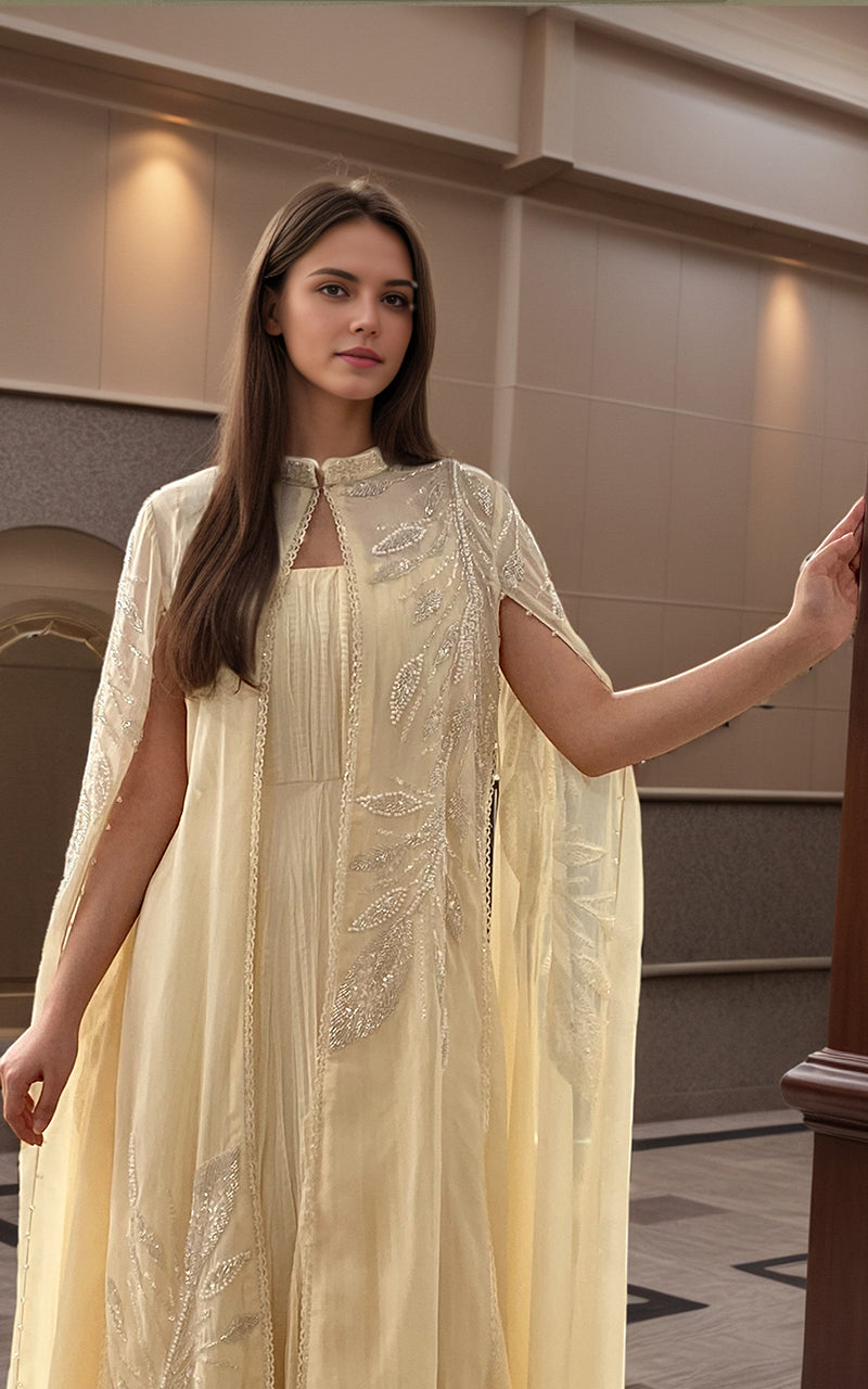 Ivory Embroidered Chiffon Cape Dress (2-Piece) - Image 3