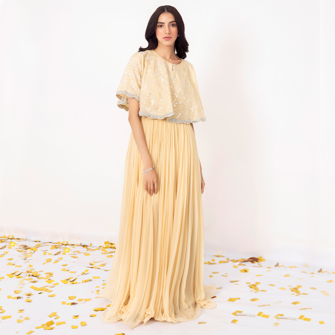 Pakistani French Vanilla Embellished Chiffon Cape Dress (2-Piece) - Image 1