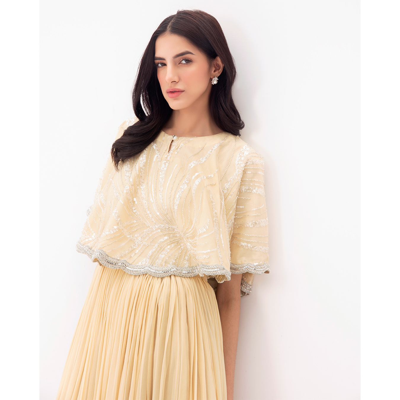 Pakistani French Vanilla Embellished Chiffon Cape Dress (2-Piece) - Image 2