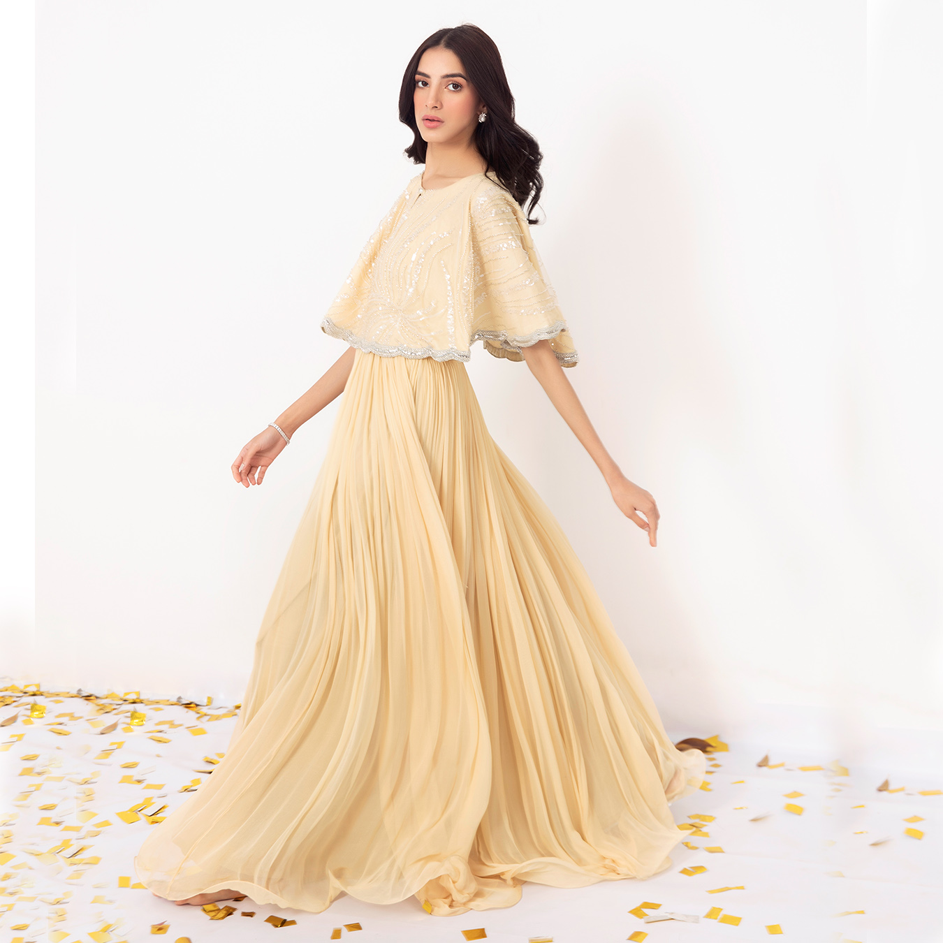 Pakistani French Vanilla Embellished Chiffon Cape Dress (2-Piece) - Image 3