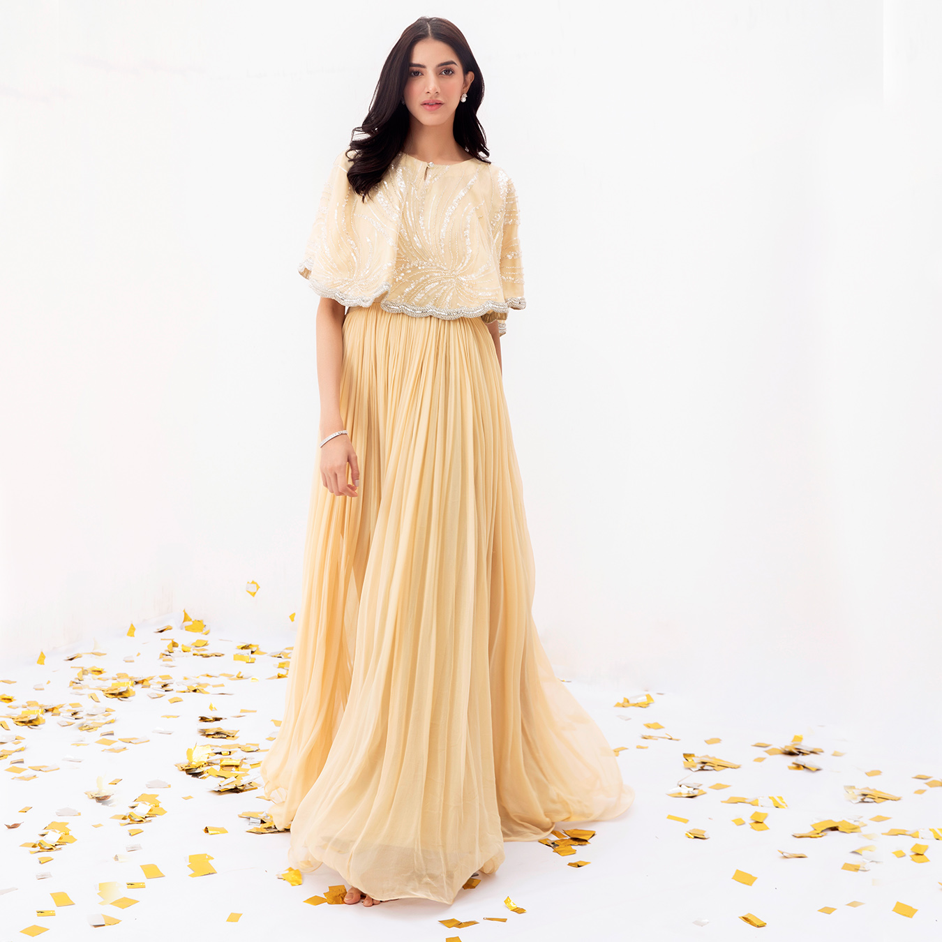 Pakistani French Vanilla Embellished Chiffon Cape Dress (2-Piece) - Image 4