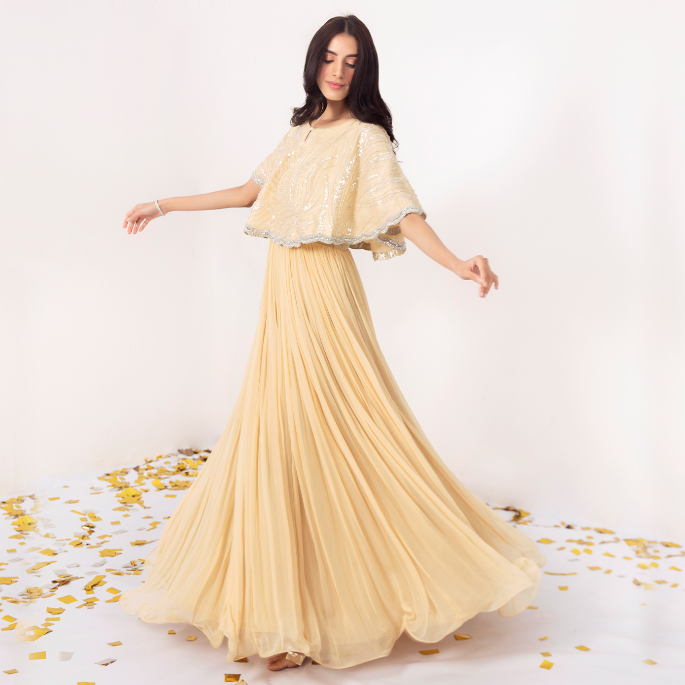 Pakistani French Vanilla Embellished Chiffon Cape Dress (2-Piece) - Image 5