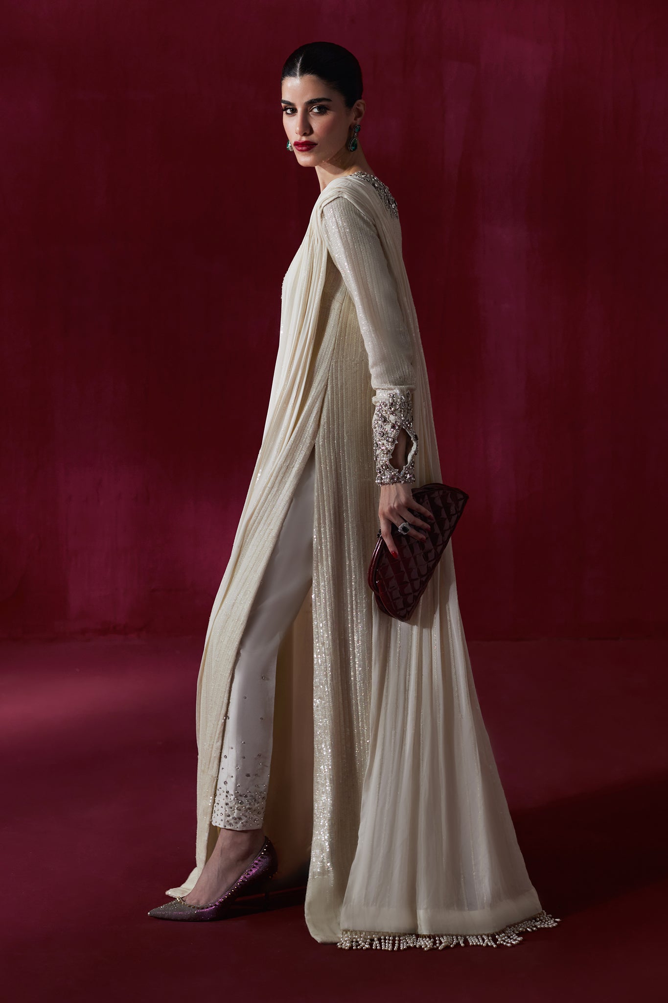 Pakistani Soft Ivory Sequined Chiffon Cape Dress (2-Piece) - Image 4