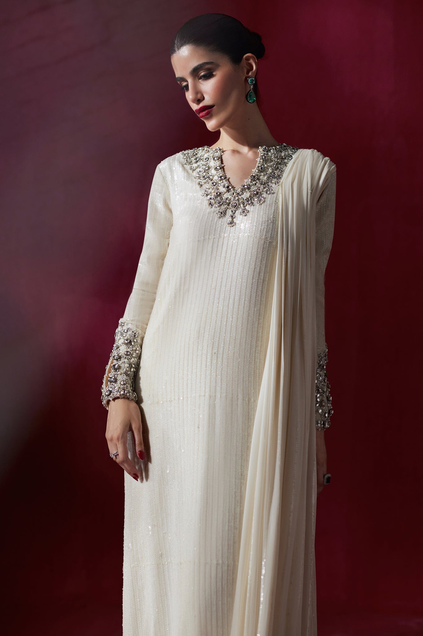 Pakistani Soft Ivory Sequined Chiffon Cape Dress (2-Piece) - Image 7
