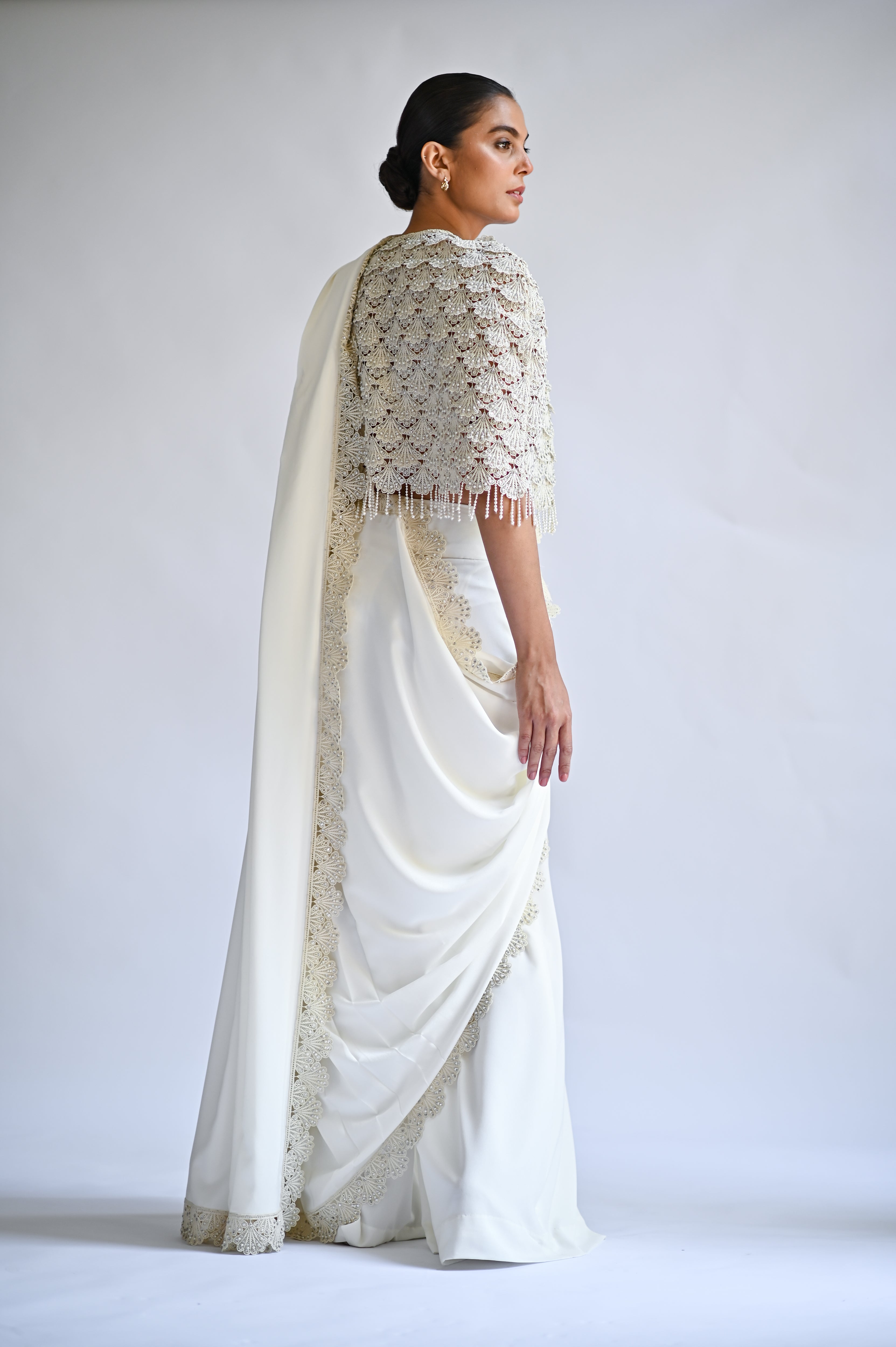 Ivory Beaded Crepe Pant-Sari with Organza Cape (3-Piece) - Image 2