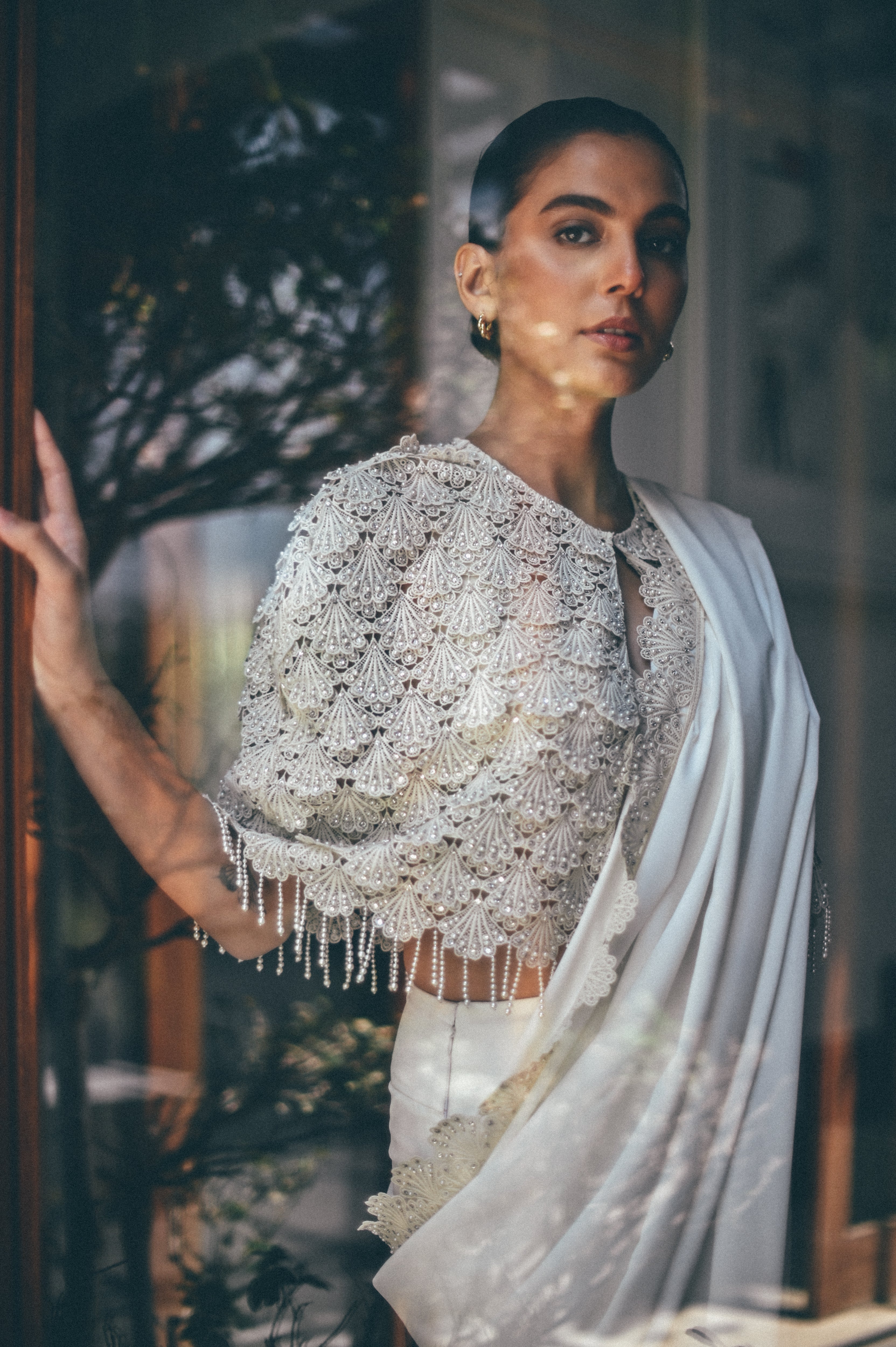 Ivory Beaded Crepe Pant-Sari with Organza Cape (3-Piece) - Image 3