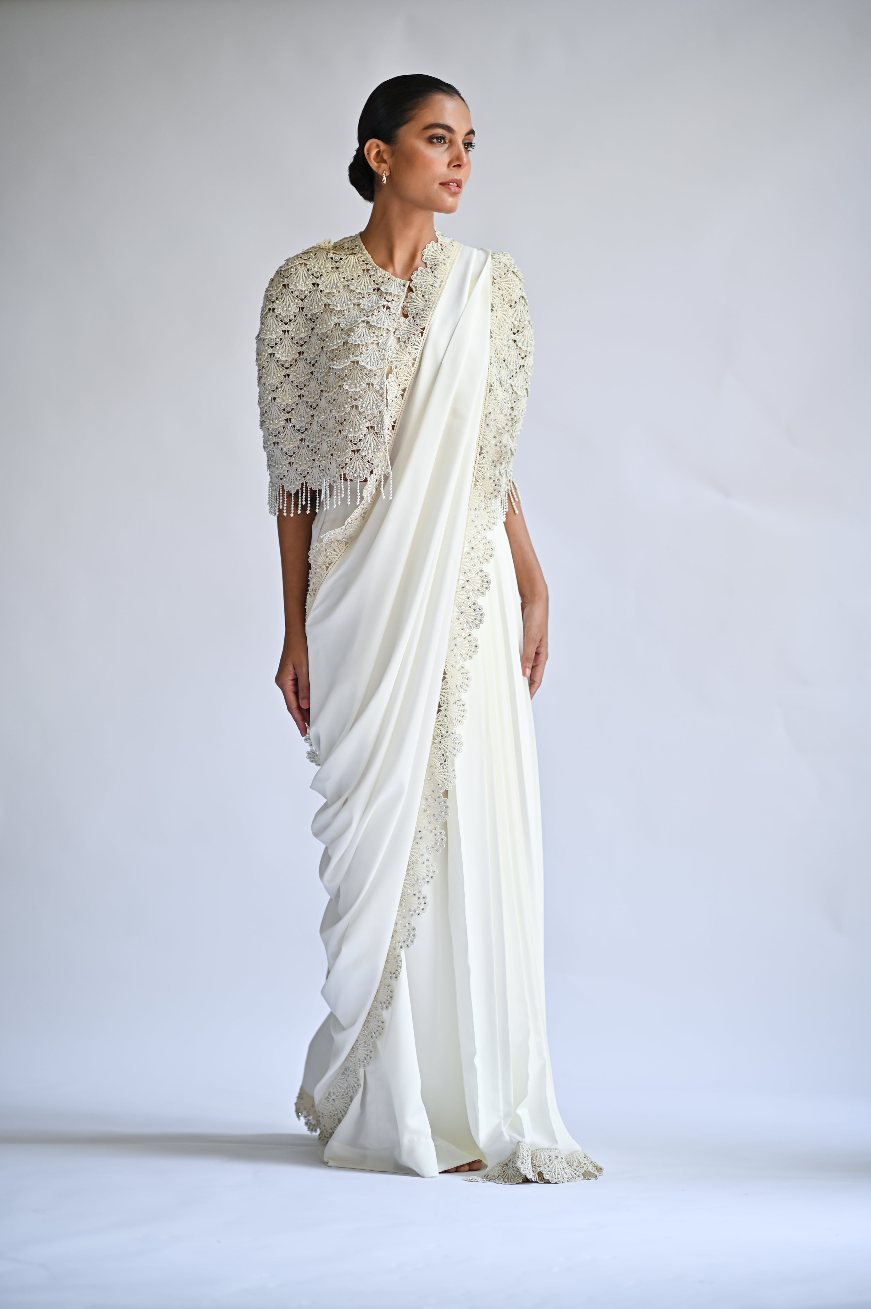 Ivory Beaded Crepe Pant-Sari with Organza Cape (3-Piece) - Image 4