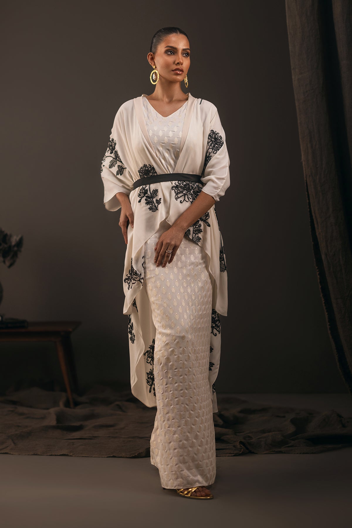 Pakistani Ivory Embroidered Georgette Cape Dress (3-Piece) - Image 1