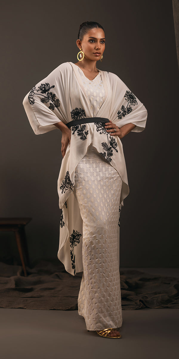 Pakistani Ivory Embroidered Georgette Cape Dress (3-Piece) - Image 2